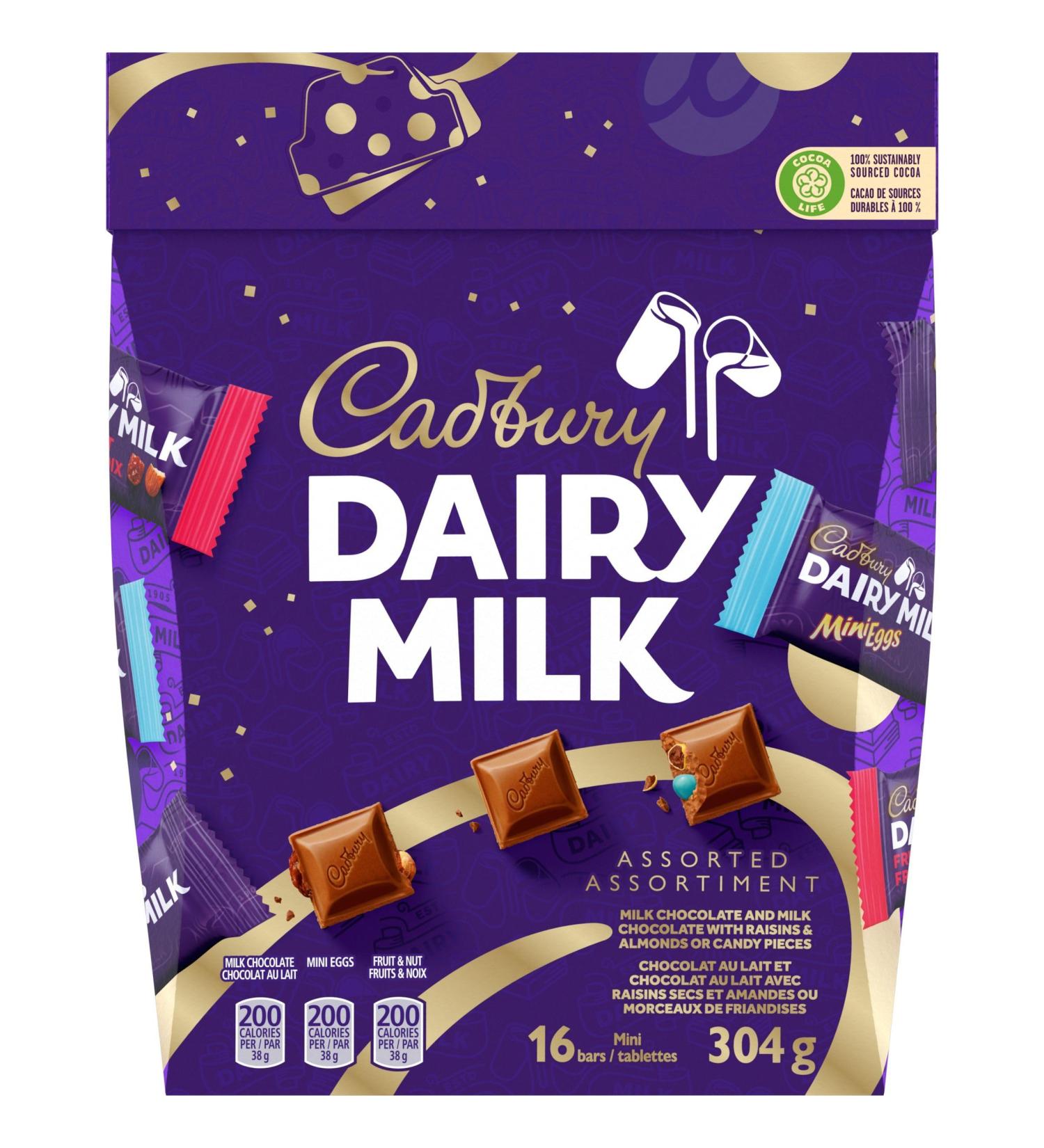 CADBURY Dairy Milk Assorted Gift Box CADBURY Dairy Milk milk chocolate Fruit and Nuts Flavour and Cadbury Mini Eggs Flavour Chocolate Bars Candy Bars 304 g (16 Mini Bars x 19g) - Buy Online on GoSupps.com