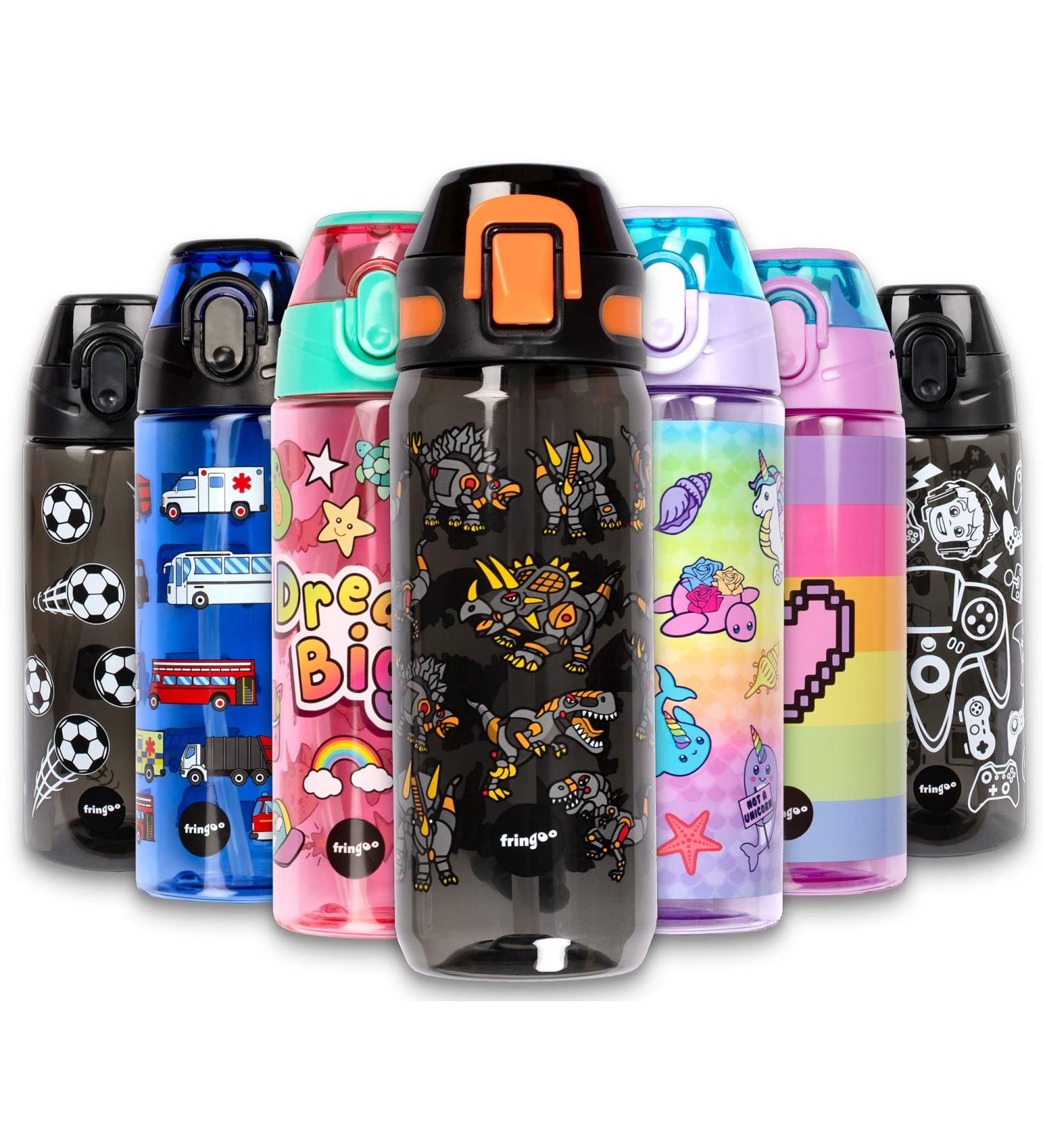 Fringoo Dinosaur Robot Kids Water Bottle with Straw - BPA Free - 600ml Reusable Black Straw Water Bottle for Kids - Buy Online on GoSupps.com