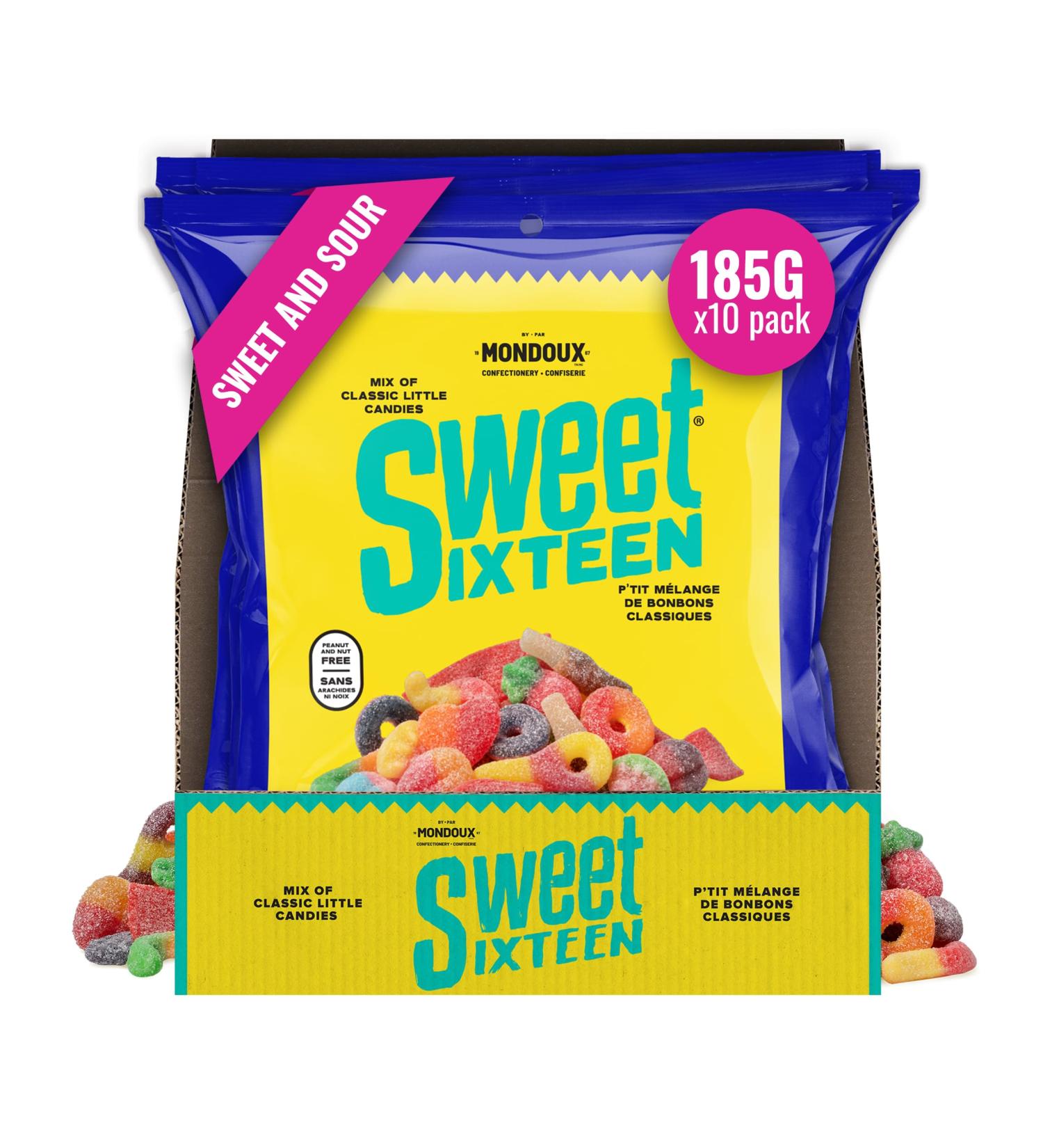 Sweet Sixteen Sweet and Sour Candy Classic Mix of Sour-Coated Gummies 10 packs x 185g Peanut & Nut-Free Candies Soft Chewy and Always Fresh 185 g (Pack of 10) - Buy Online on GoSupps.com