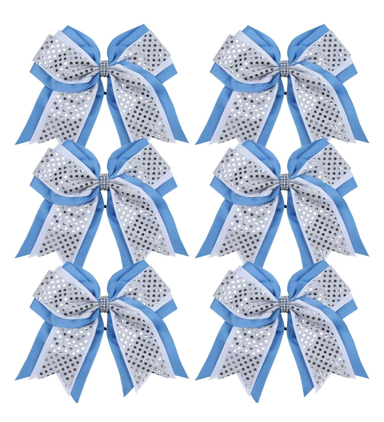 Cheerleader Bows 8 Inch 3 Layers 6 Pcs Ponytail Holder Jumbo Cheerleading Bows Hair Elastic Hair Tie for High School College (Light Blue/White/Silver)