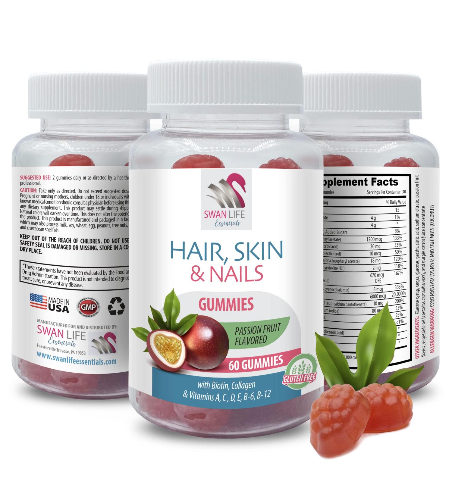 biotin gummies - HAIR SKIN & NAILS GUMMIES - Essential Vitamins Biotin supplement Collagen Passion Fruit Beautiful Skin vitamins Strong Nails gummies vitamin d gummies 1 Bottle 60 Gummies - Buy Online on GoSupps.com