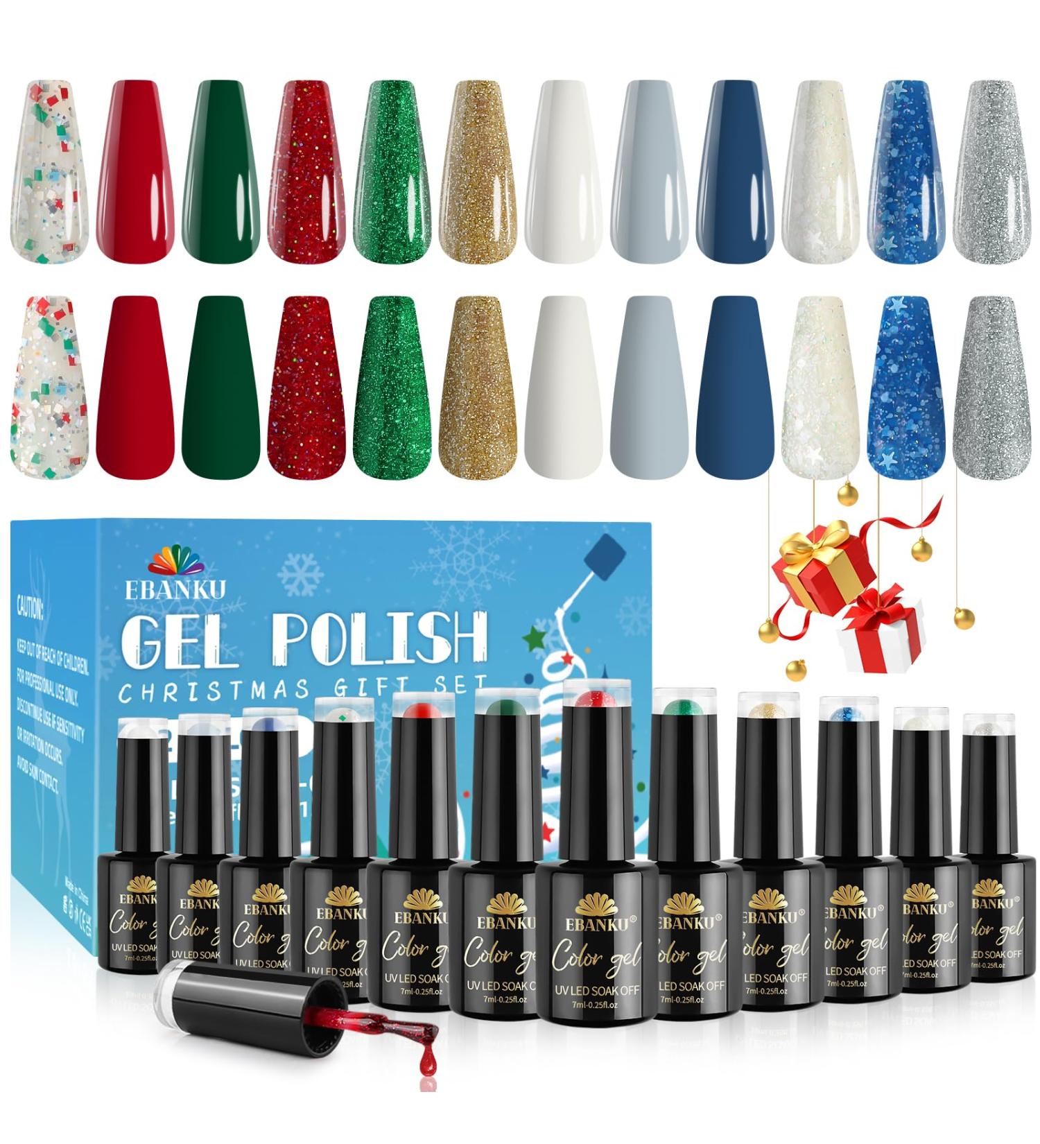 12 Colors Christmas Gel Nail Polish Set EBANKU Christmas Collection Gel Nail Polish Glitter Red Green Blue White Gold Silver Gel Polish Starter Kit Xmas Nail Polish Kit for Women Girls DIY Nail Art - Buy Online on GoSupps.com