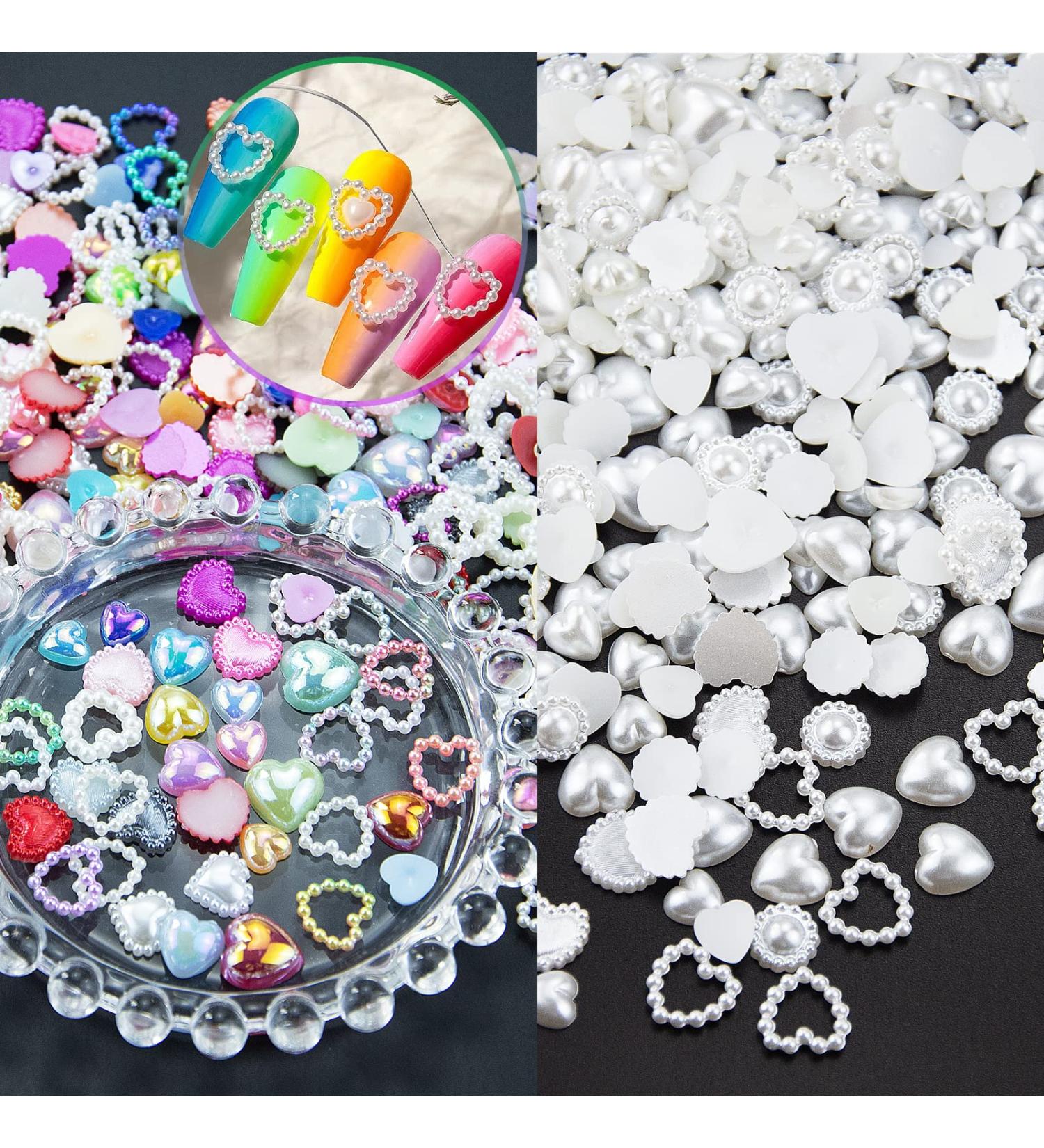 500Pcs AB Color Half Pearls Heart Nail Beads for DIY Crafts - Assorted White Pearls 3D Nail Art Charms and Embellishments - Buy Online on GoSupps.com