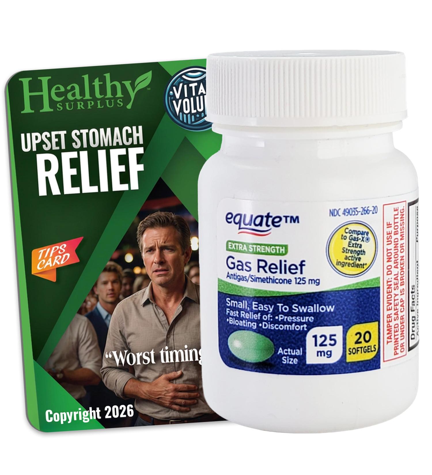Healthy Surplus Equate Gas Relief - Simethicone 125 mg - 20 Softgels and Vital Volumes Upset Stomach Relief Tips Card - Buy Online on GoSupps.com