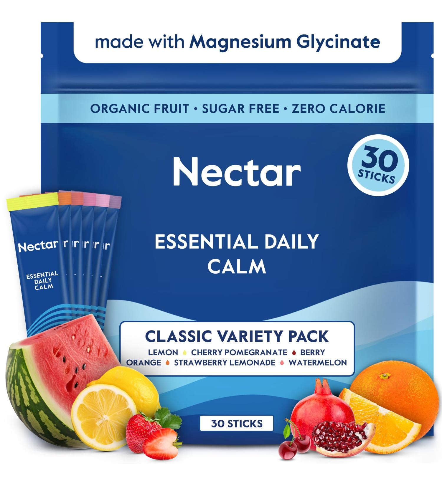 Nectar Calm Magnesium Glycinate Drink Mix - Sugar Free & Zero Calorie - with Organic Ashwagandha, Vitamin D, L-Theanine, Electrolytes - Deep Sleep, Relax, Focus & Calm - Non-GMO (Variety 30 Sticks) Variety 30 Servings (Pack  - Buy Online on GoSupps.com