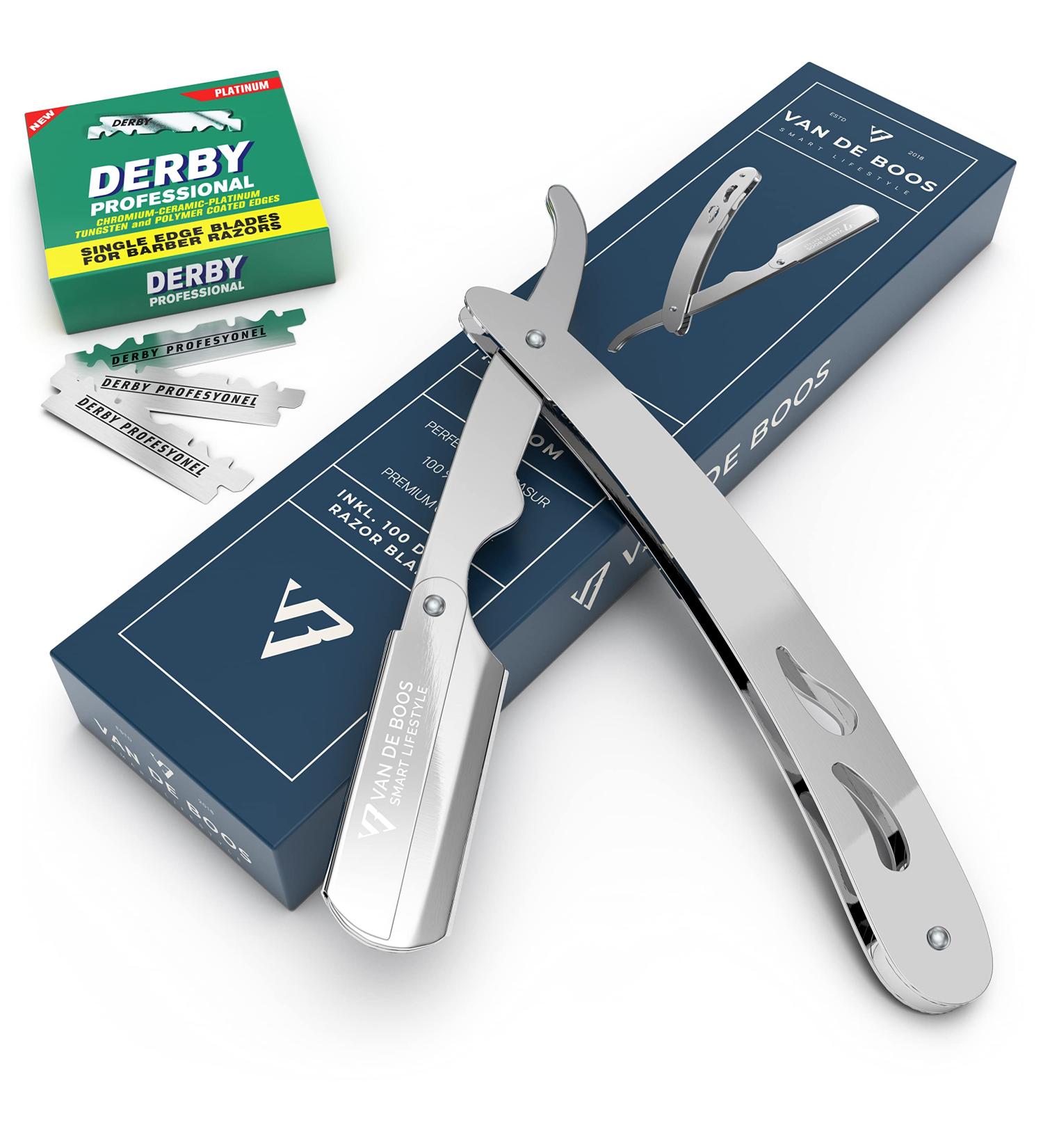 Van de Boos Razor Set - Chrome Stainless Steel Beard Knife & 100 Derby Blades for Precise Wet Shaving - Buy Online on GoSupps.com