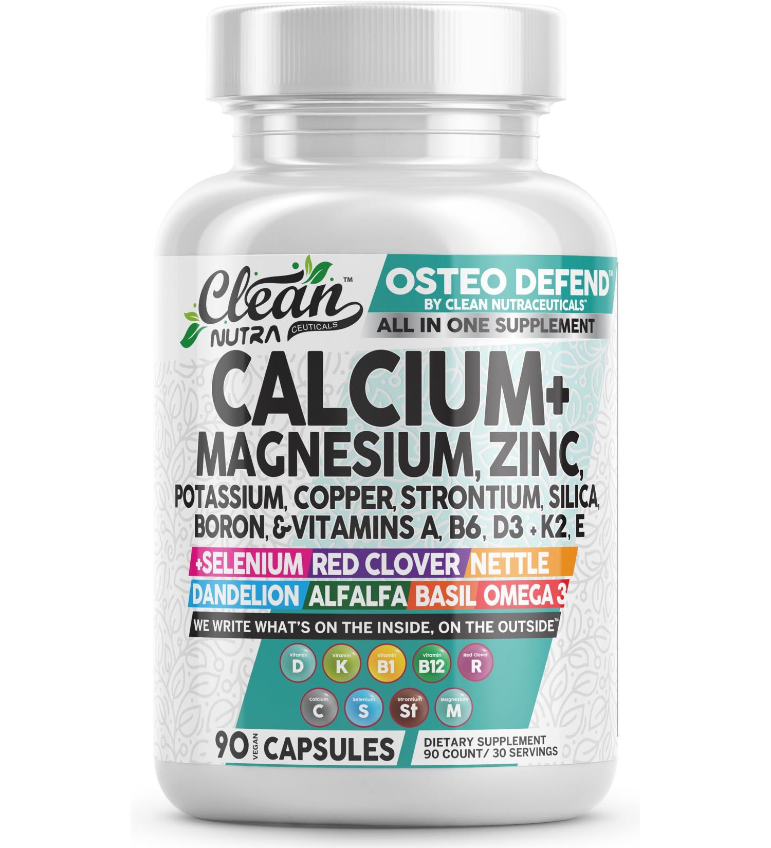 Allin1 Calcium Magnesium Zinc Supplement with Potassium Copper Strontium Silica Vitamin D3 K2 Boron Vitamin B1 B12 Red Clover Herb Alfalfa Basil Pills for Men & Women Clean Nutra Osteo Defend - Buy Online on GoSupps.com