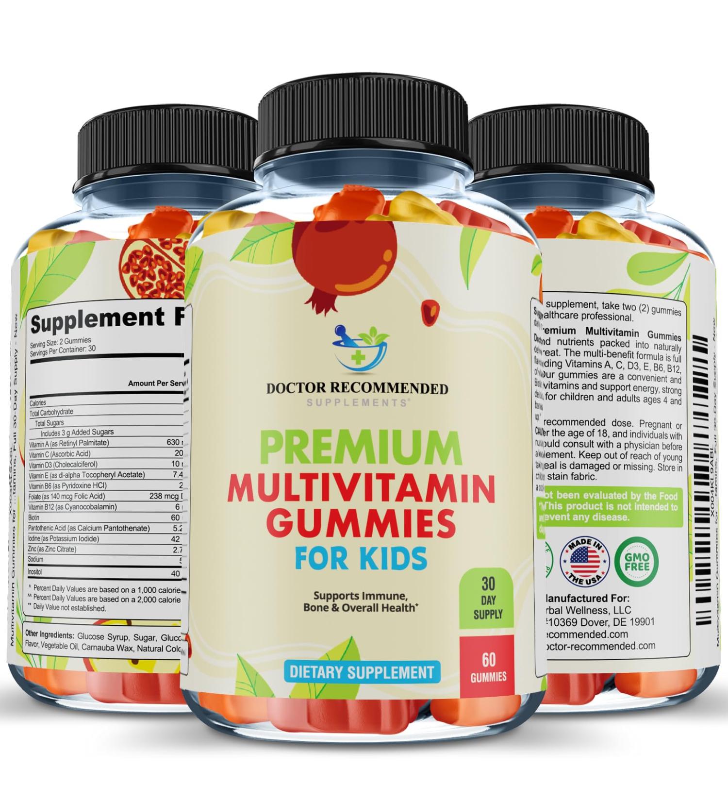 Premium Multivitamin Gummies for Toddlers & Kids - Chewable Essential Daily Vitamins A C D3 E B6 B12 Biotin - No High-Fructose-Corn-Syrup or Artificial Sweeteners - 60 Gummies 30-Day Supply Natural Fruit 1 Count (Pac  - Buy Online on GoSupps.com