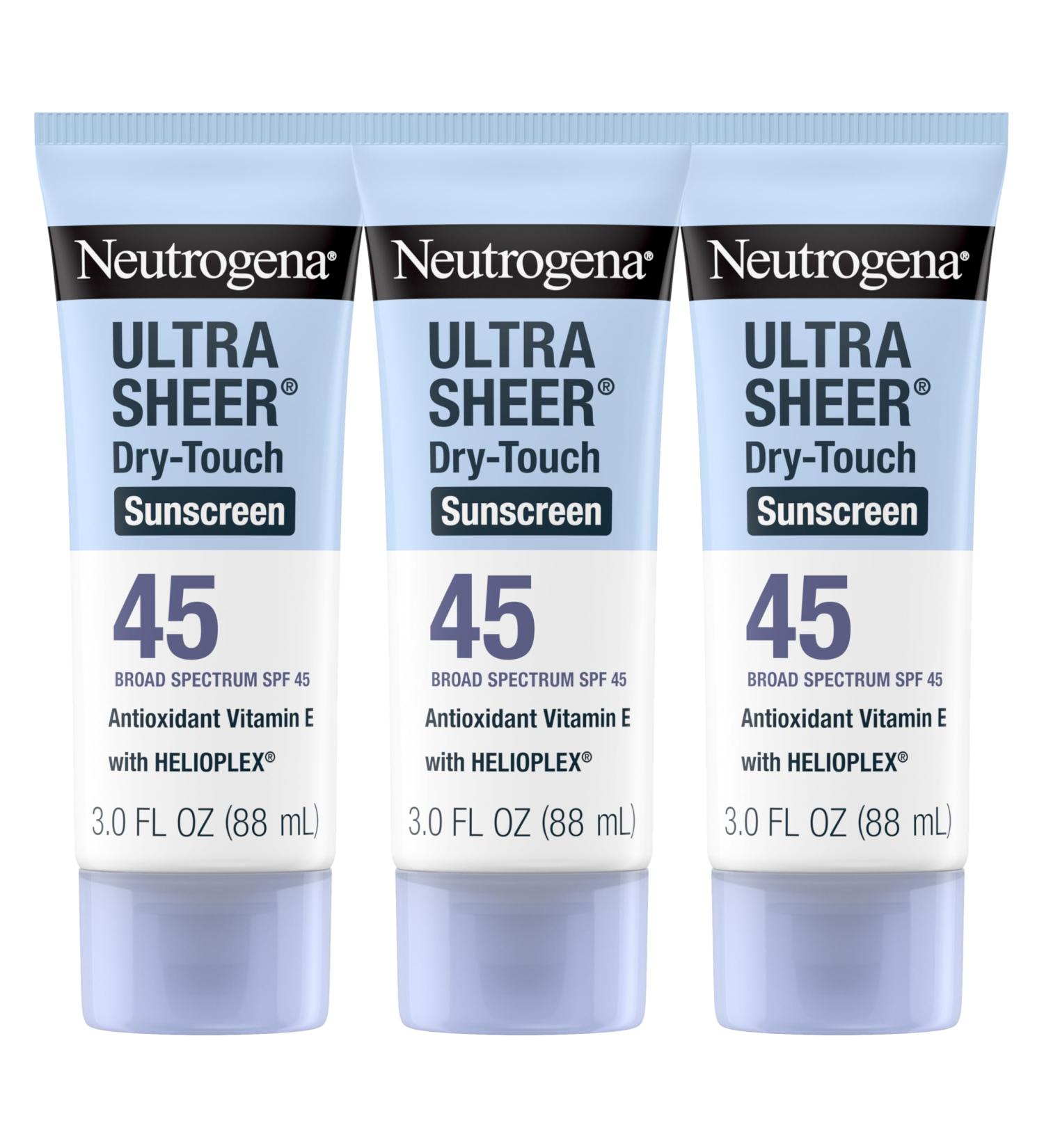 Neutrogena Ultra Sheer Dry-Touch Sunscreen For Face & Body SPF 45 Broad Spectrum UVA/UVB Protection Lightweight Water Resistant & Non-Greasy Travel Size Sunscreen 3 fl. oz Pack of 3 - Buy Online on GoSupps.com