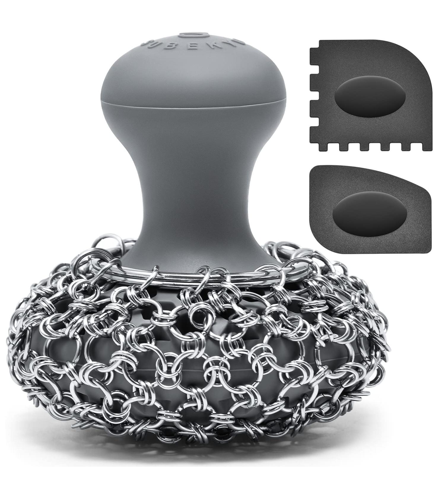 SUBEKYU Cast Iron Chainmail Scrubber & Scraper Tool for Pans - Stainless Steel Skillet Cleaner - Grey/Black - Buy Online on GoSupps.com