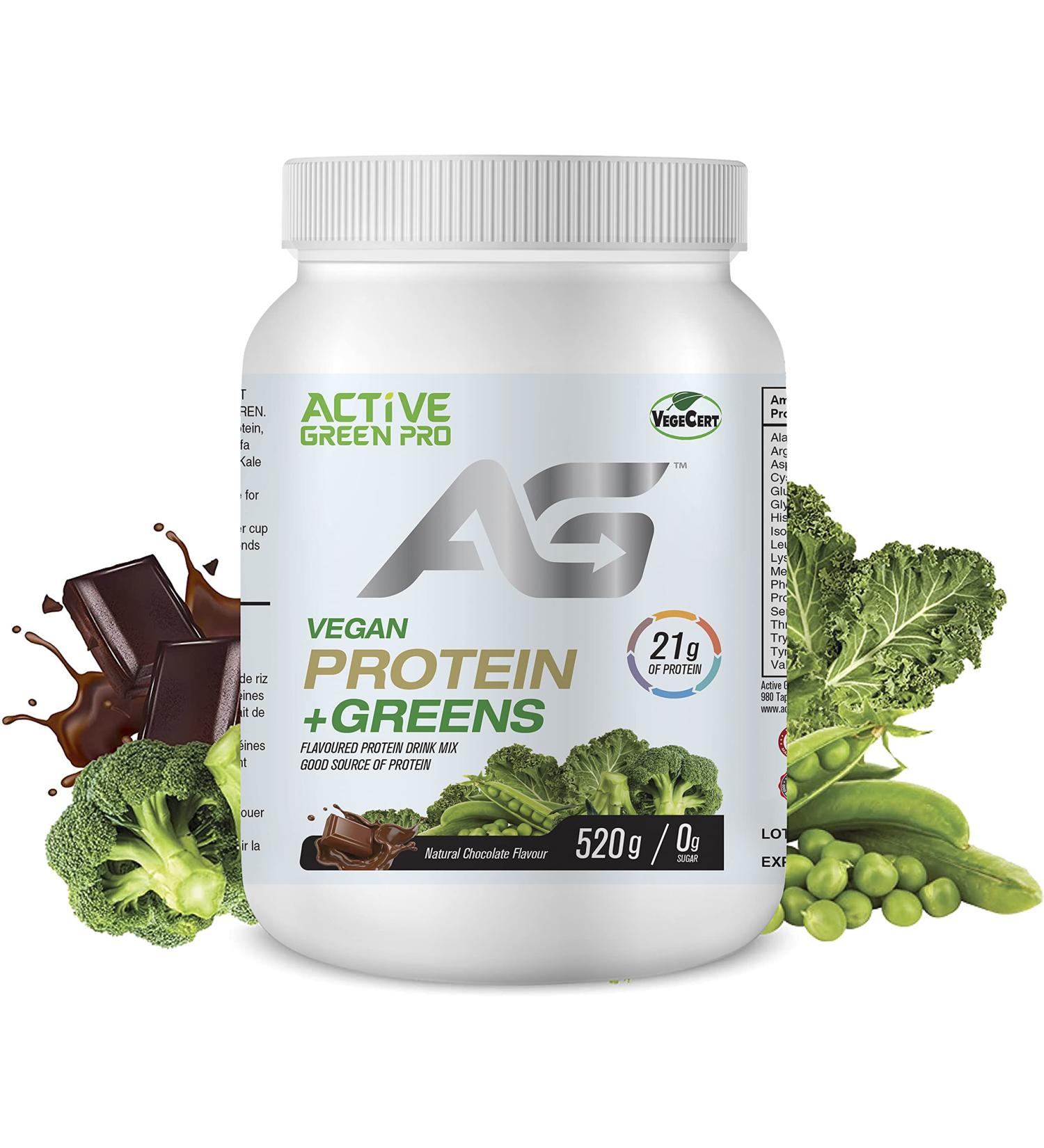 Active Green Pro - Vegan Protein Powder + Greens For Vegan and Ketogenic Diet Yummy Chocolate Flavour No Sugar Plant Based Protein from Pea Pumpkin Chia Seed Rice Chocolate Flavour - 520 g - Buy Online on GoSupps.com