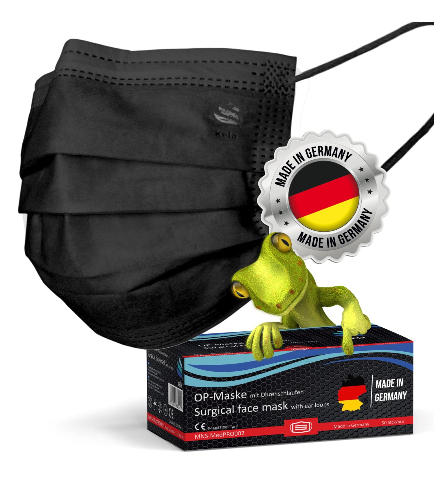 Kela OP Mask - 50x Black Medical Masks Made in Germany | Oeko-Tex Certified | Premium Respiratory Protection | MNS Type IIR Disposable Masks (50 Pack) - Buy Online on GoSupps.com