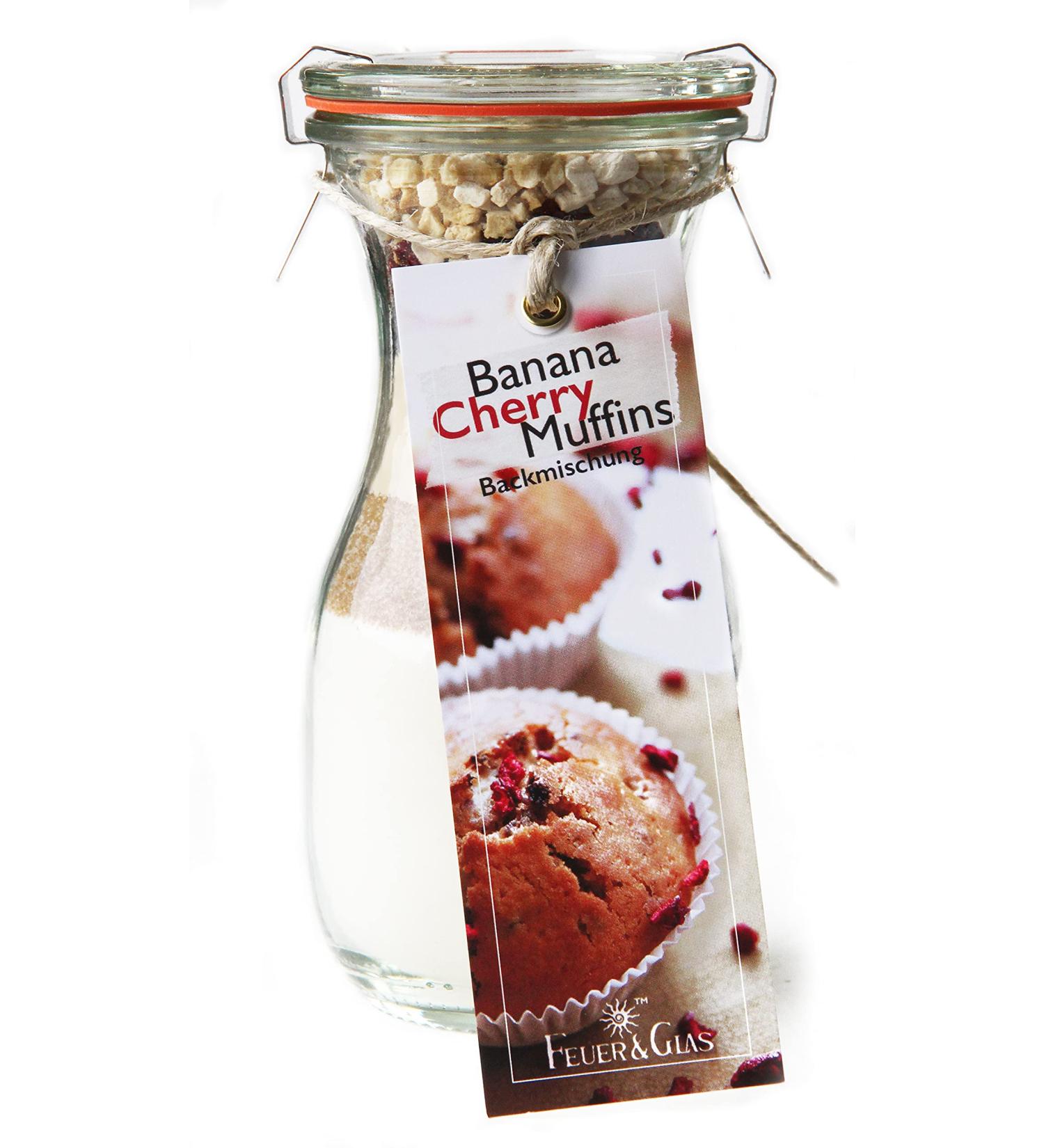 Baking mix in the alarm glass for Banana Cherry Muffins Mini (250ml) - ingredients in the alarm glass for easy preparation - Gourmet Back mix of Feuer & Glass