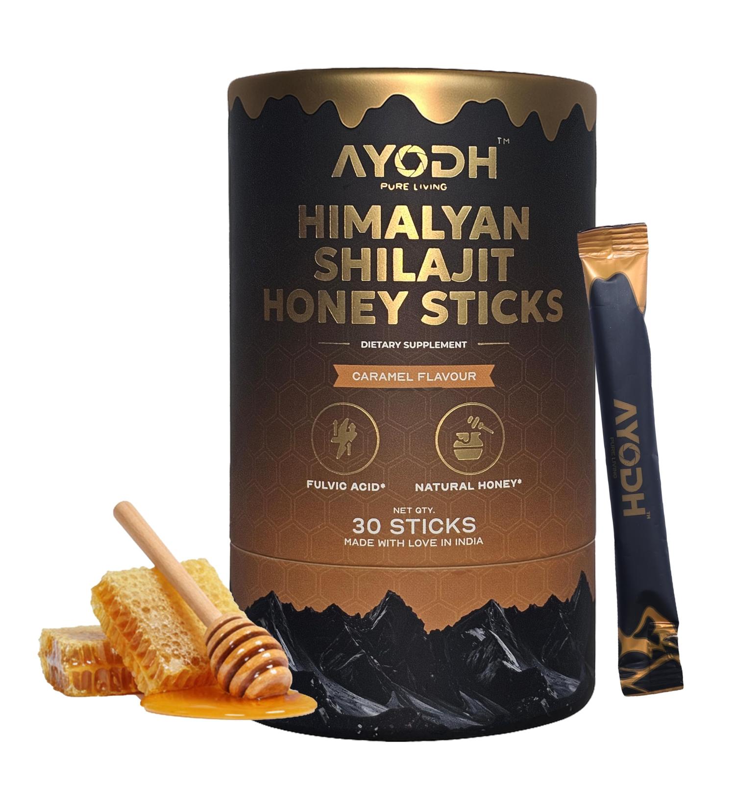 Himalayan Shilajit Honey Sticks with Natural Honey Caramel Flavor 30 Count 75%+ Fulvic Acid 85+ Trace Minerals Easy Single-Use Energy & Immunity Support Shilajit - Caramel - Buy Online on GoSupps.com