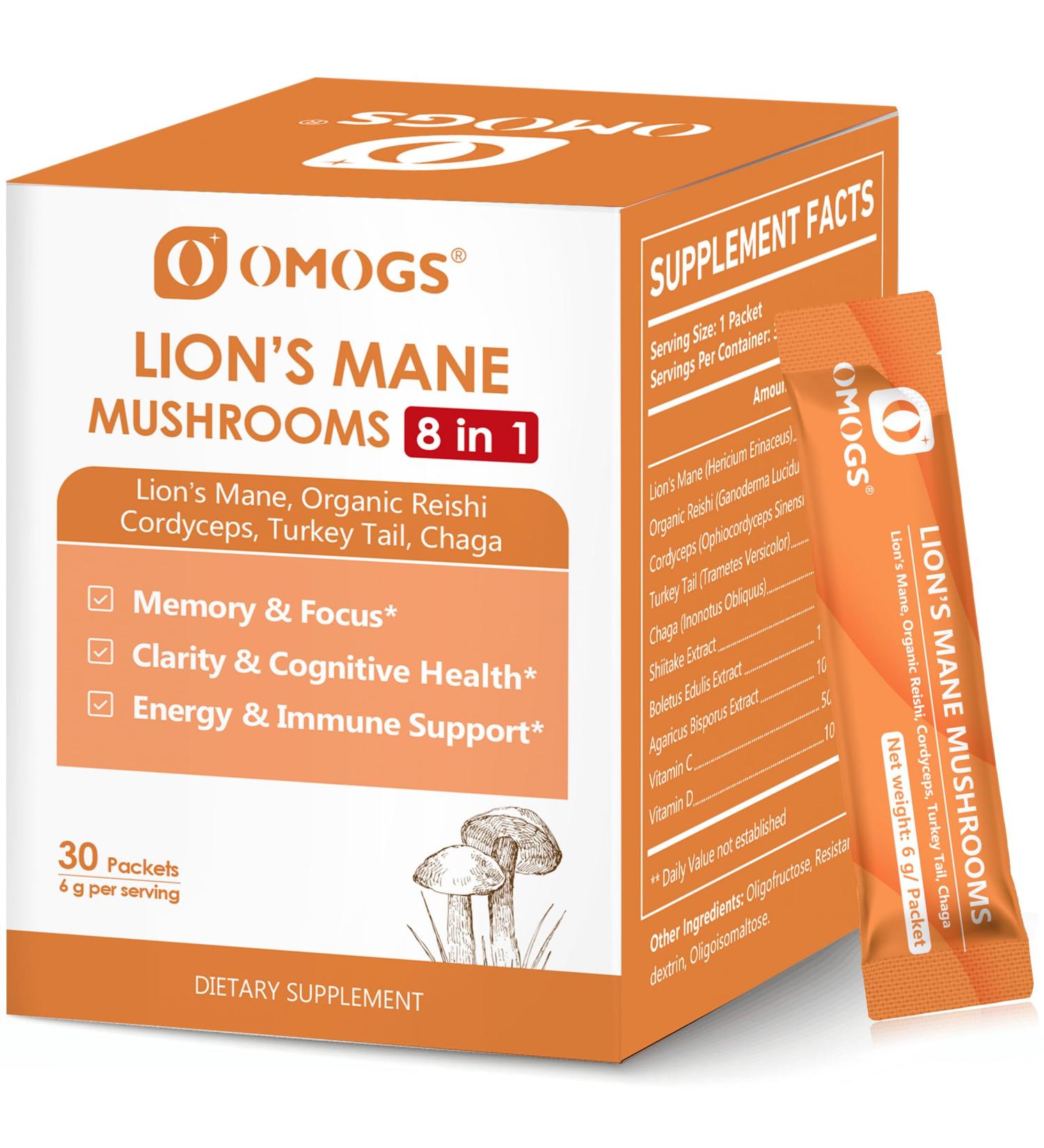 OMOGS Organic Mushroom Complex Extract Powder Blend Lion's Mane Reishi Chaga Cordyceps Turkey Tail Support Cognition Clarity Focus & Mood Brain Health 30 Servings - Buy Online on GoSupps.com