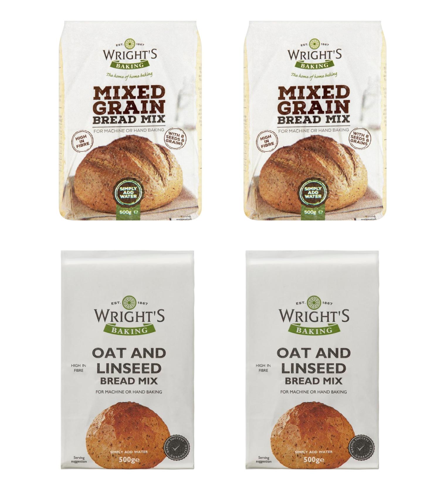 Wright's Baking | Bread Mix Selection Pack (2 Packs Mixed Grain Bread Mix 500g + 2 Packs Oat & Linseed Bread Mix 500g) | For Machine or Hand Baking - Buy Online on GoSupps.com