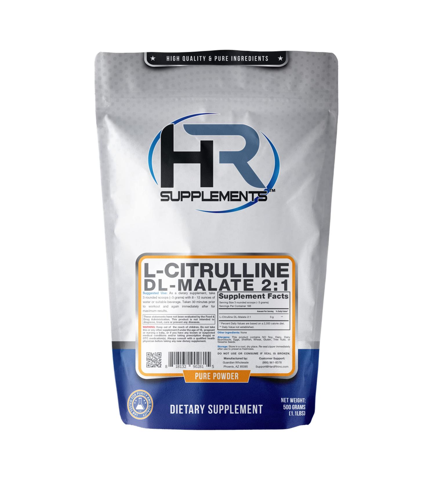 Highest Quality L-Citrulline DL-Malate 2:1 Powder - 500g (1.1 lbs) Unflavored, Lab-Tested with Scoop - HR Supplements - Buy Online on GoSupps.com