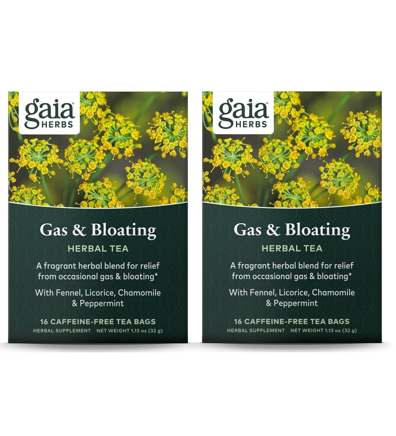 Gaia Herbs Caffeine-Free Gas & Bloating Tea | 16 Bags (1.13 oz) - Herbal Relief - Buy Online on GoSupps.com