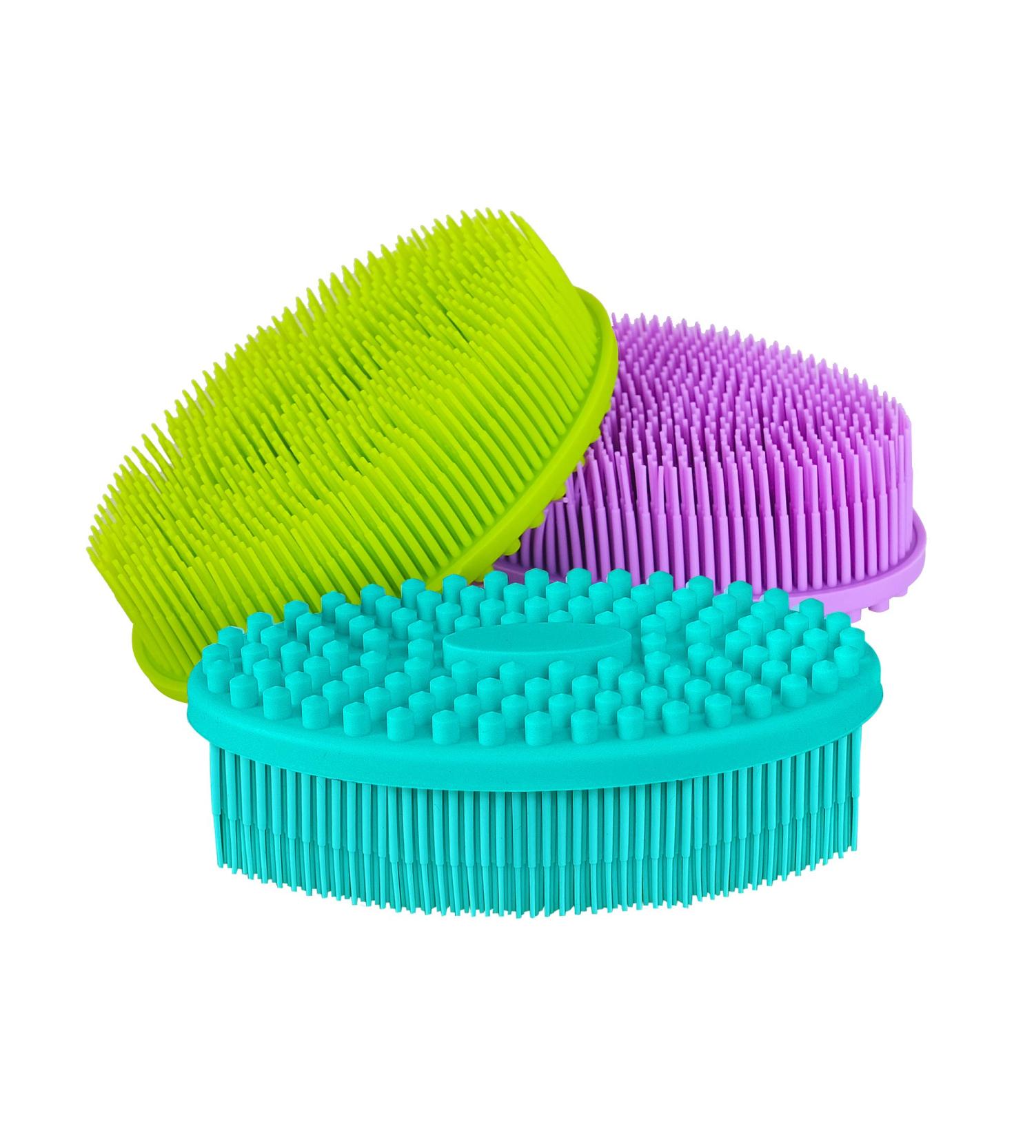Silicone Body Scrubber 3pcs Set for Sensitive Skin - Exfoliating Brush for Shower, Bath, SPA Massage - Green, Purple, Cyan - Buy Online on GoSupps.com