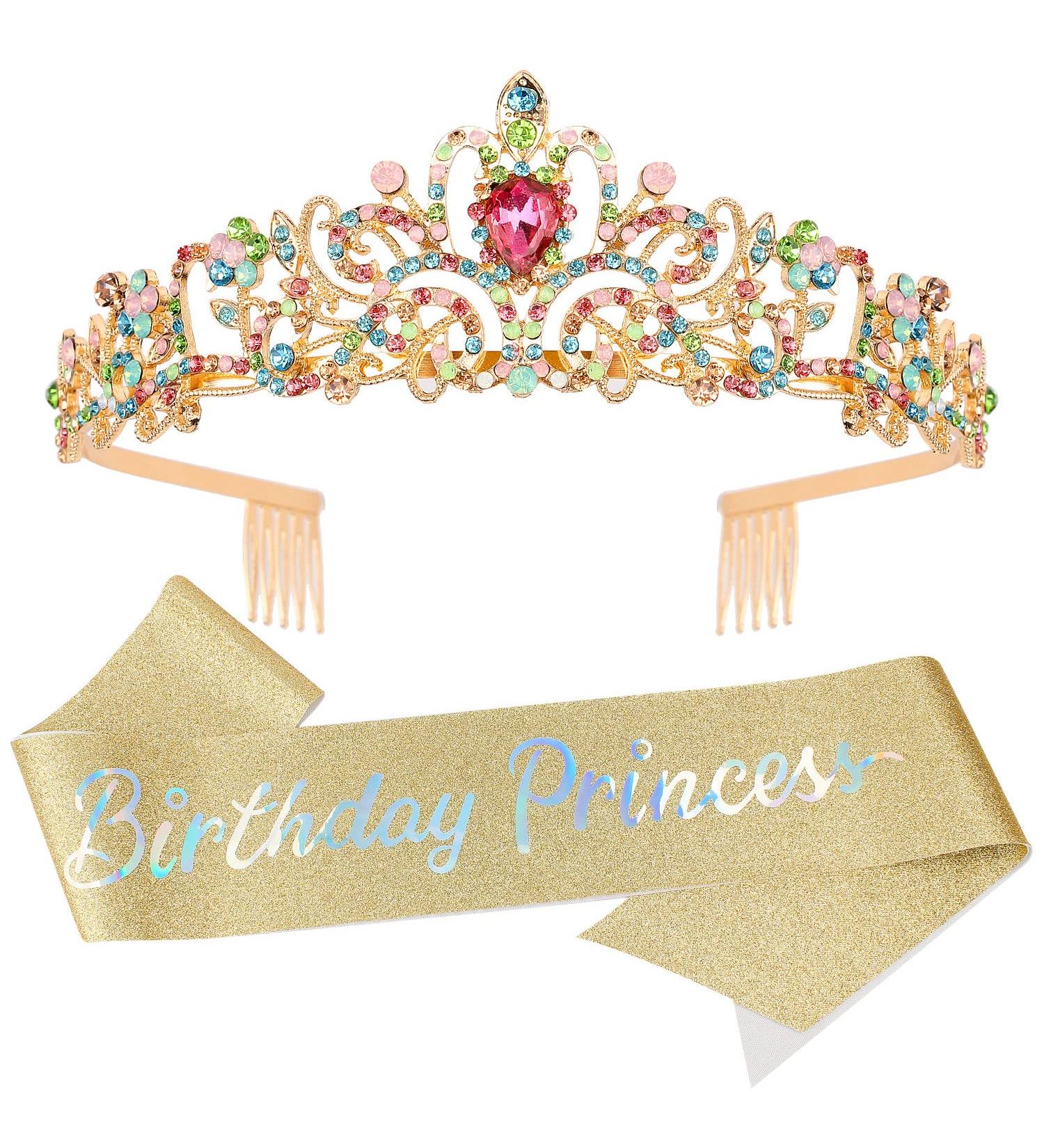 Girls Birthday Tiara Crown with Sash - Happy Birthday Headband and Crown Set for Women | Iridescent Princess Tiaras - Party Supplies and Decorations - Buy Online on GoSupps.com