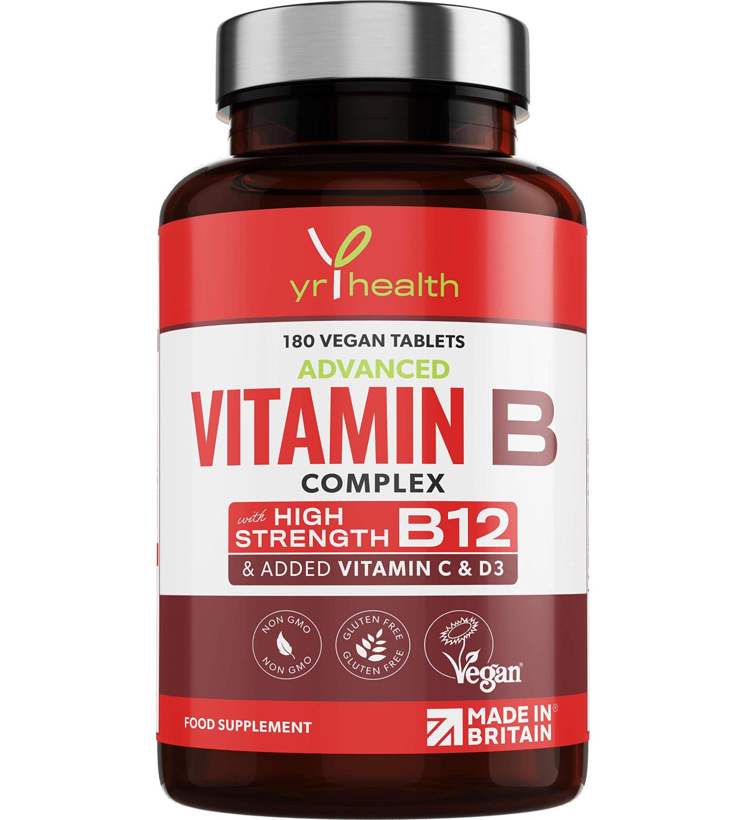 Vegan Vitamin B Complex Advanced - High Strength All 8 B Vitamins with Vitamin C, D3, K2 Mk7 - 180 Tablets - YrHealth UK - Buy Online on GoSupps.com