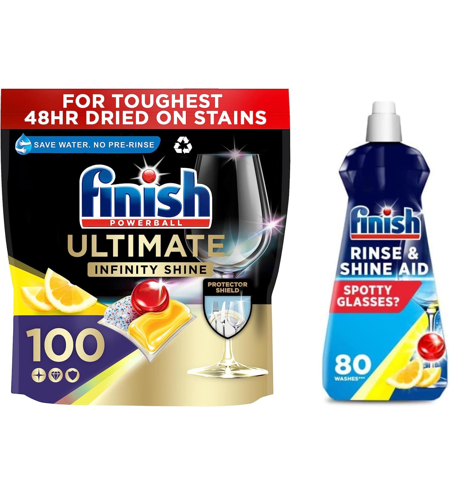 Finish Ultimate Infinity Shine Dishwasher Tablets Bulk Scent : Lemon Size : 100 Dishwasher tabs + Finish Dishwasher Cleaner Rinse Aid | Scent : Lemon | Size : 400ml - Buy Online on GoSupps.com