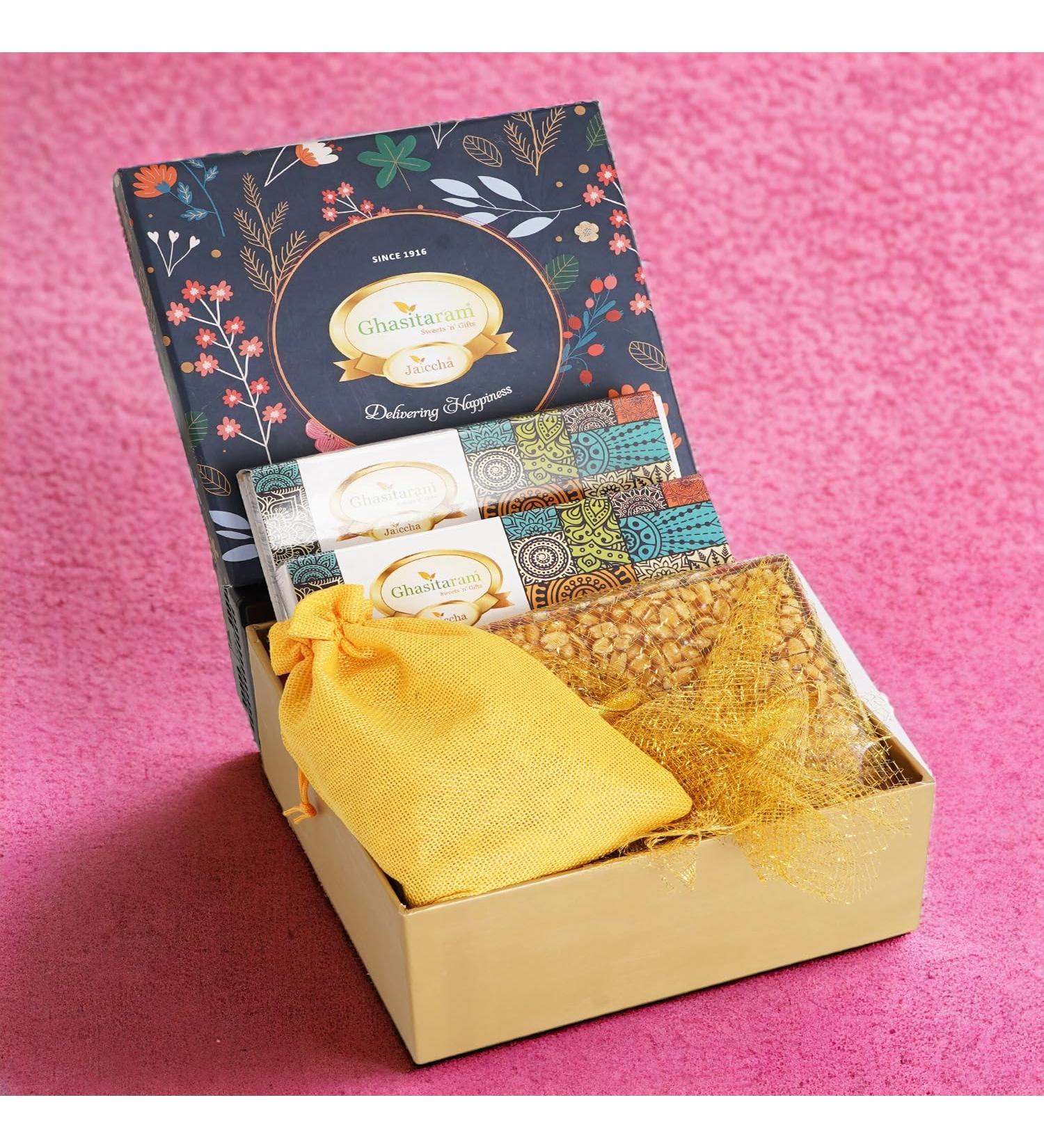 Ghasitaram Gifts Jaiccha Lohri Sweets Gachak hampers Lohri Hamper Box Small of Til laddoo Khajoor Peanut Chikki and Revadi - Buy Online on GoSupps.com