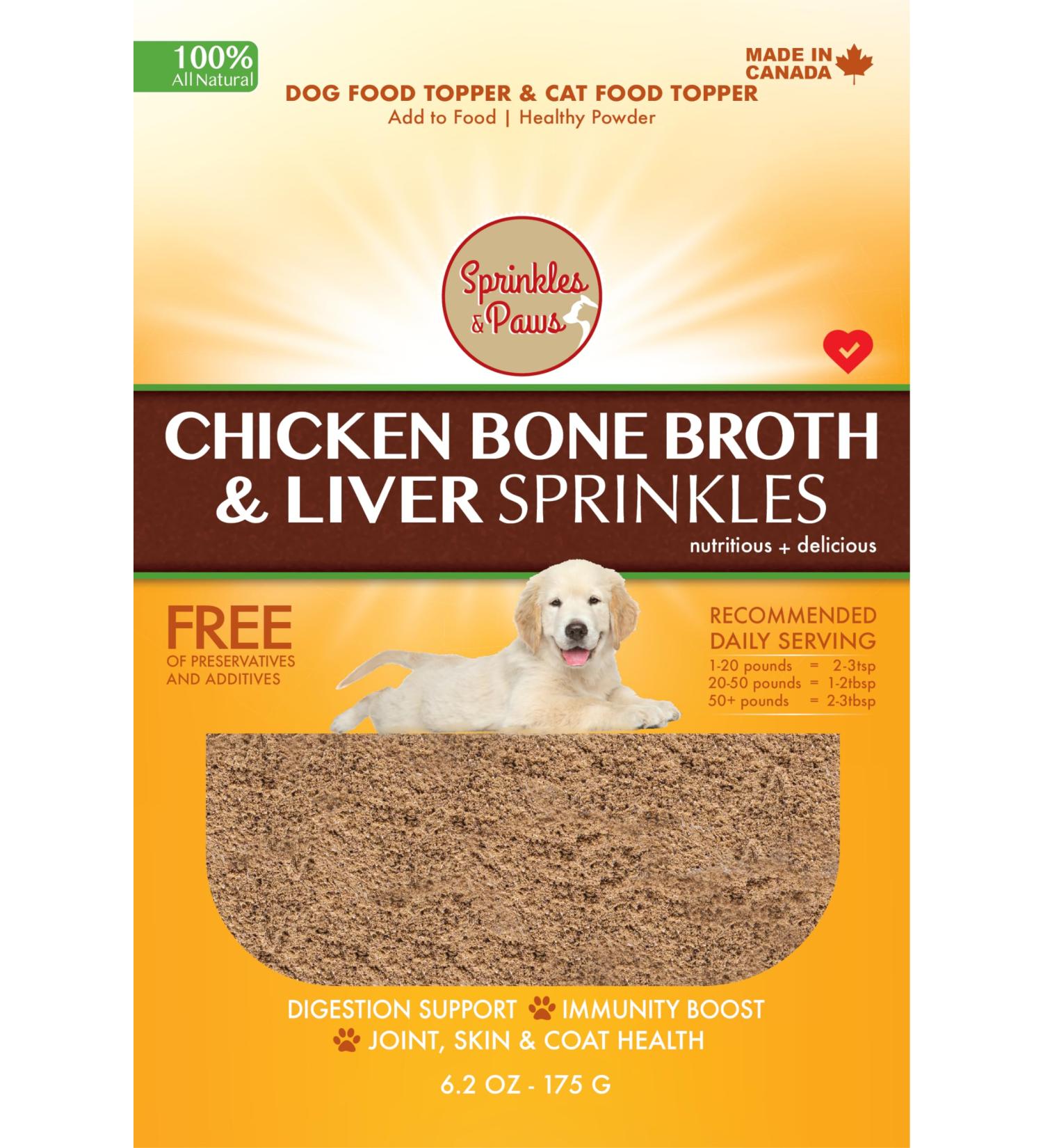 Sprinkles & Paws Chicken Bone Broth & Beef Liver Dog Food Topper | Healthy Powder Helps with Eating and Appetite | Made in Canada All Natural Free of Preservatives 190 g (Pack of 1) - Buy Online on GoSupps.com