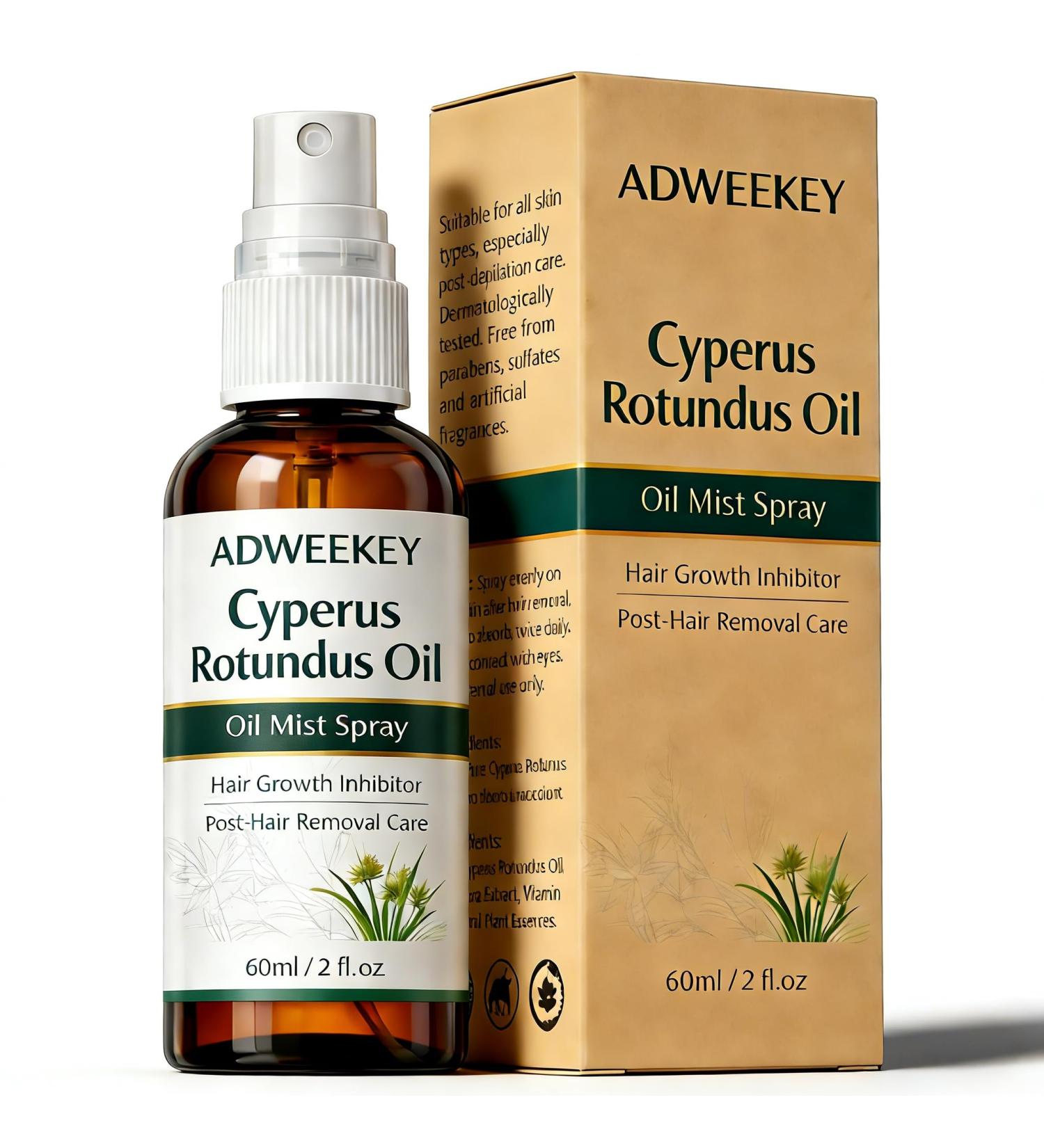 Adweekey Cyperus Rotundus Oil Mist Spray Post-Hair Removal Care Lightweight Plant-Based Body Oil to Slow Appearance of Regrowth For Legs Arms Underarms & Bikini Area 60ml / 2 fl oz - Buy Online on GoSupps.com