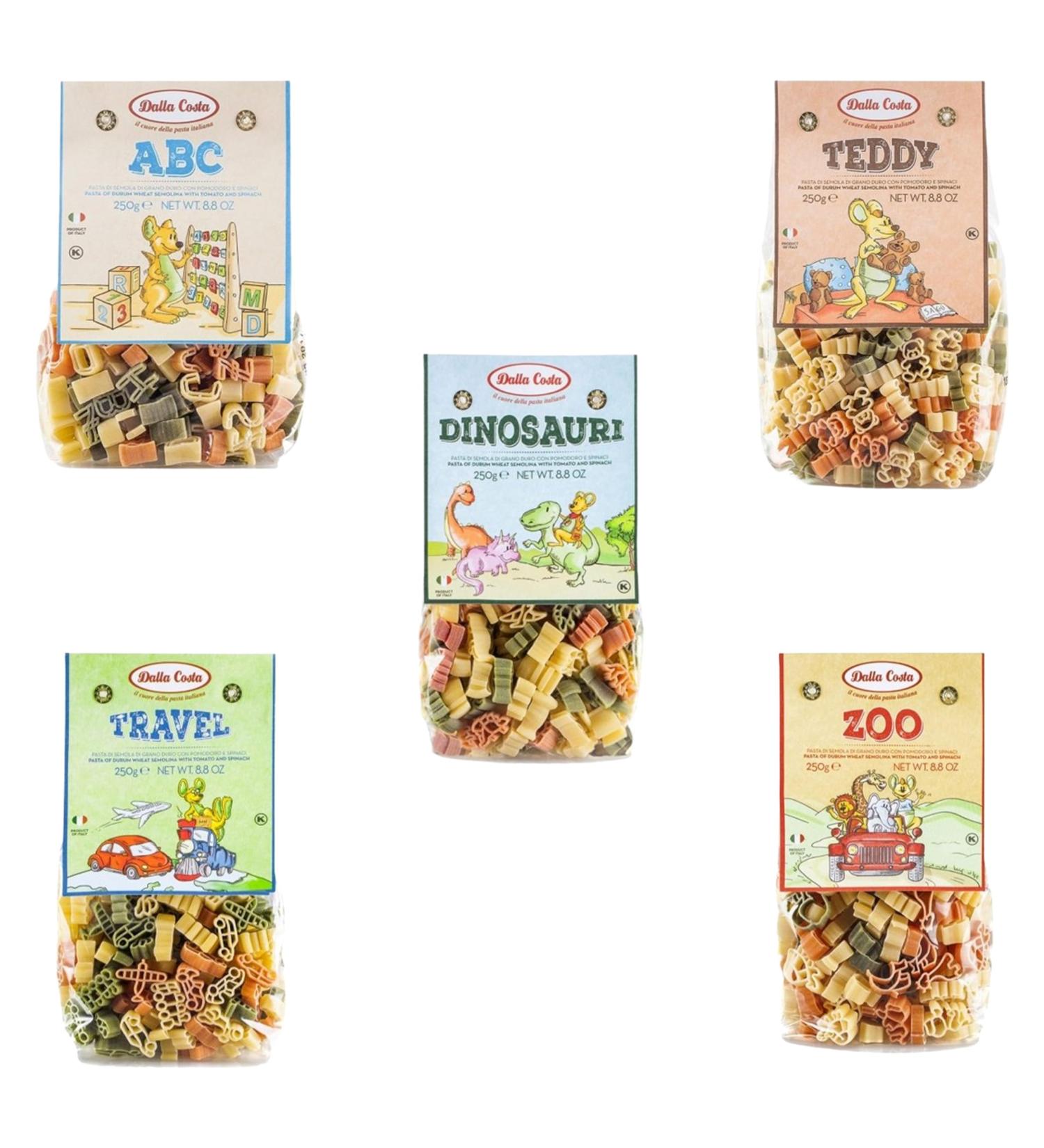 Dalla Costa Pasta Packet Pick N Mix - Choose From 5 Flavours | ABC Zoo Dinosauri Travel Teddy Tricolour-Pasta - Pack of 4 x 250g - Buy Online on GoSupps.com
