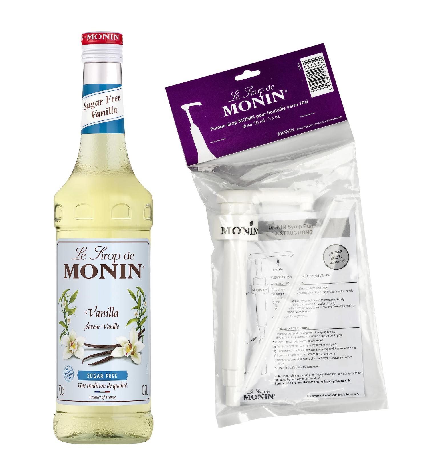 MONIN Sugar Free Vanilla Assortment and 1 Pump for Hot Beverages Coffee Latte Cappuccino Chocolate - Natural Flavors - 70 cl - Buy Online on GoSupps.com