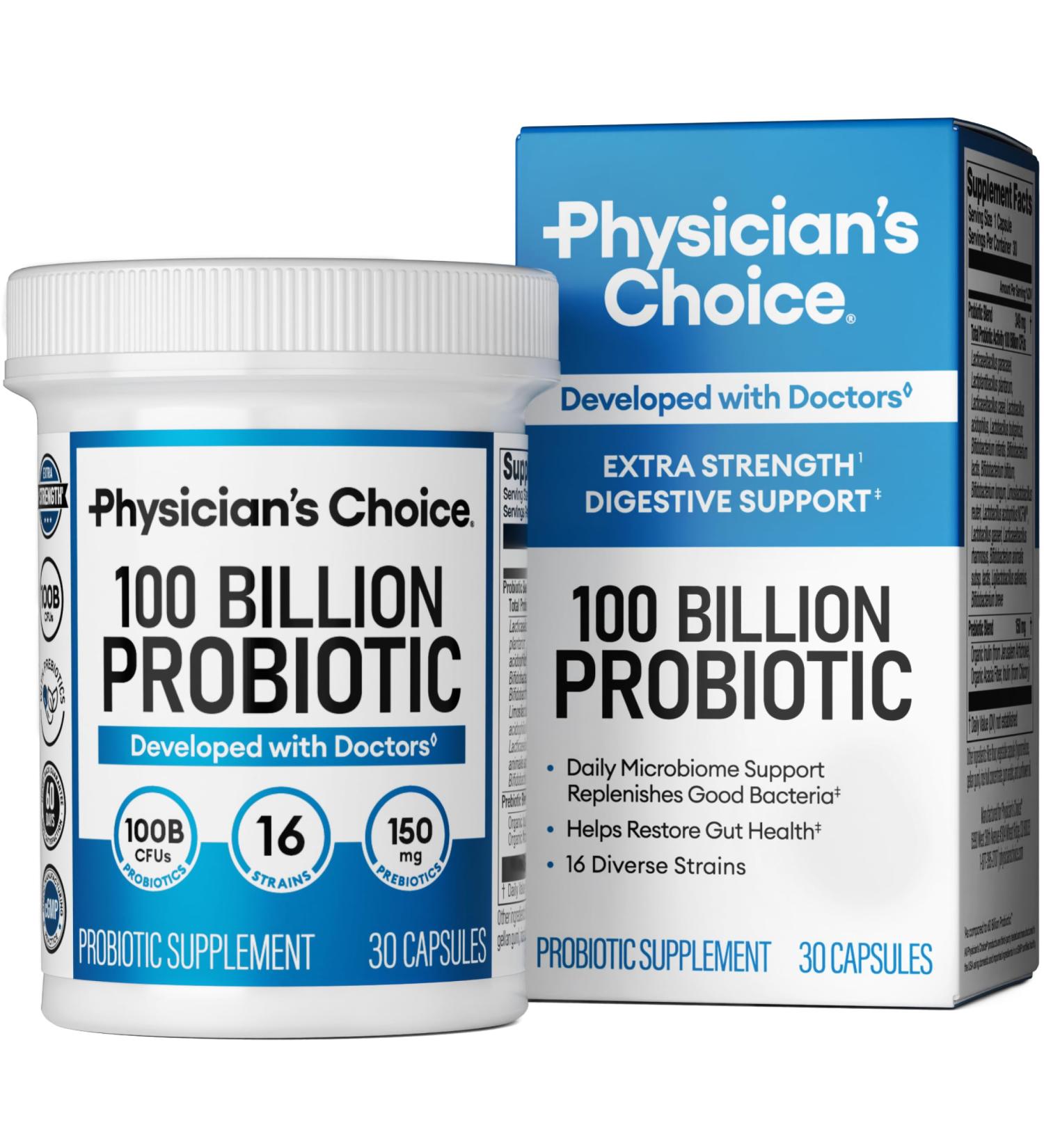 Physician's CHOICE 100 Billion Advanced Probiotic - 16 Strains + Organic Prebiotics - Digestive & Gut Health - Supports Occasional Constipation Diarrhea Gas & Bloating - Probiotics for Women & Men - Buy Online on GoSupps.com