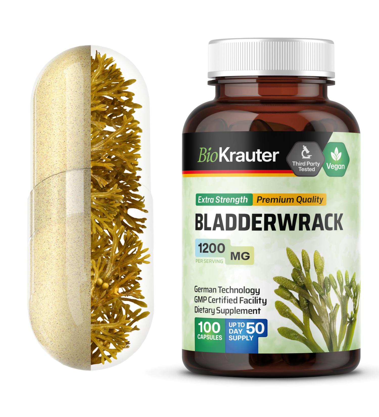 Bladderwrack Capsules 1200 mg - 100 Count - Formula from Natural Marine Source of Iodine - Vegan Bladderwrack Powder Caps - Buy Online on GoSupps.com