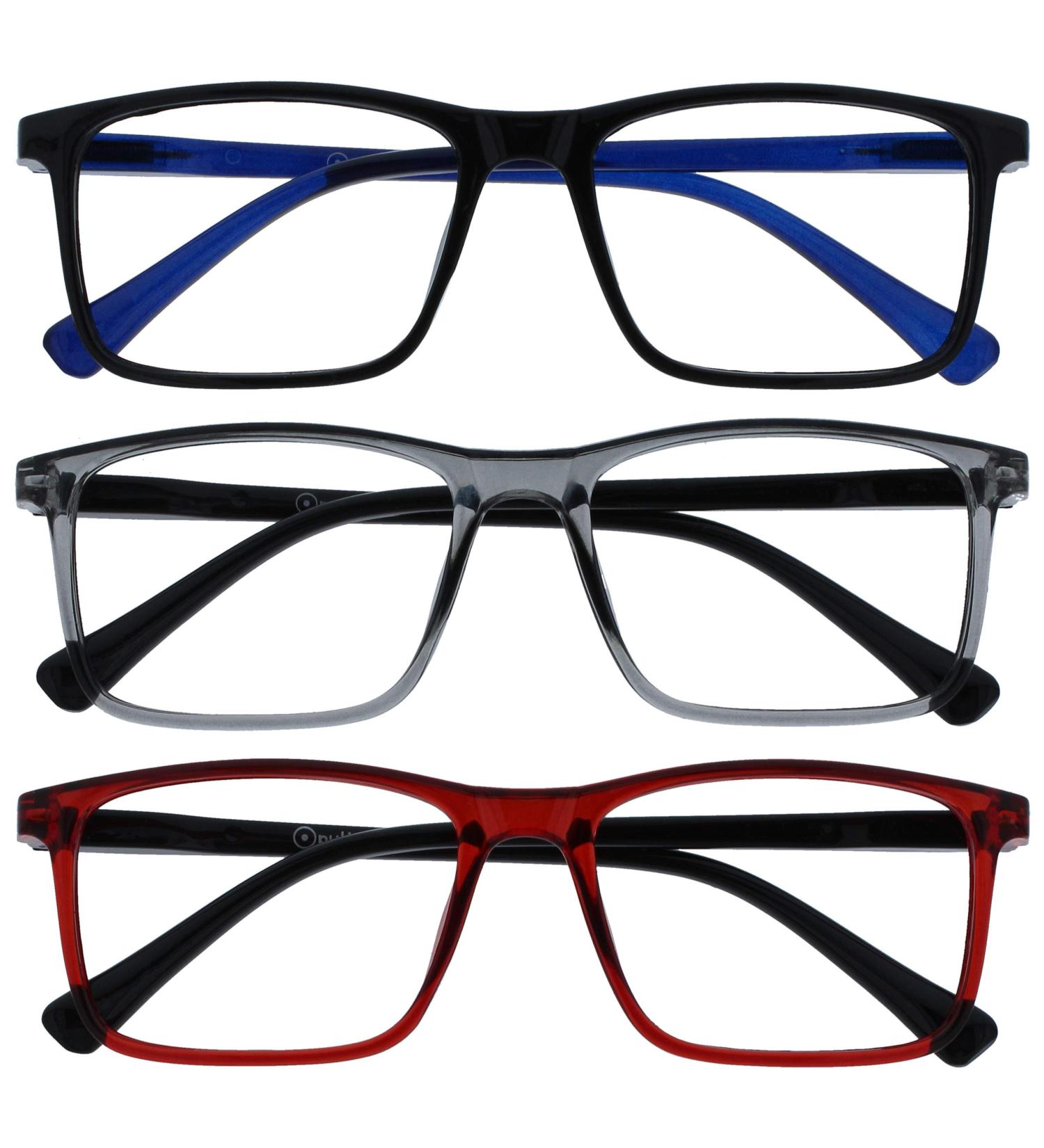 Shop OPULIZE Ink Reading Glasses 3 Pack - Stylish Rectangular Frames in Black Grey Dark Red | Scratch Resistant +1.50 for Men & Women - International Shipping Available - Buy Online on GoSupps.com