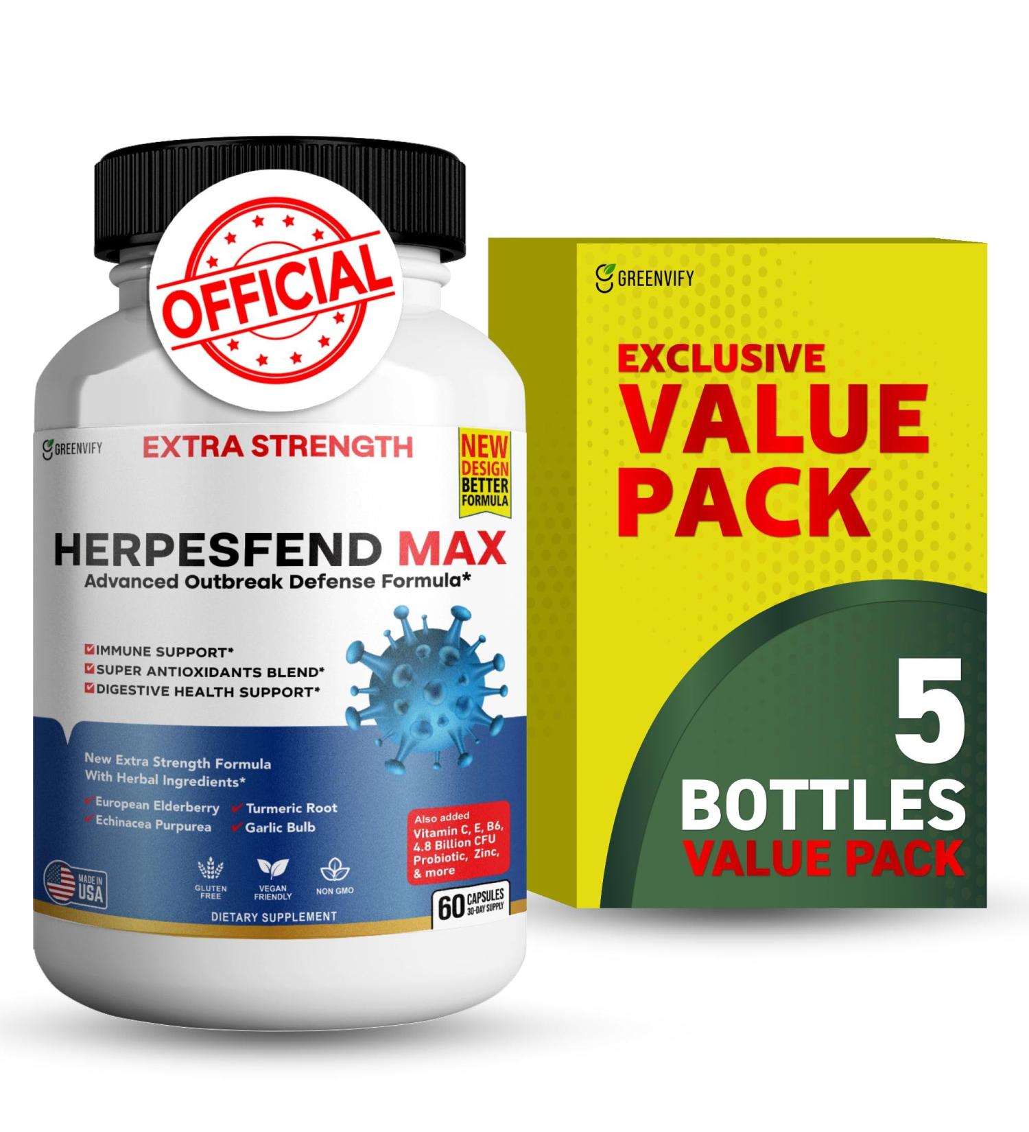 HerpesFend Max Extra Strength Advanced Defense Formula 60 Capsules with Elderberry Echinacea Turmeric Garlic Vitamins and Probiotics (5) - Buy Online on GoSupps.com