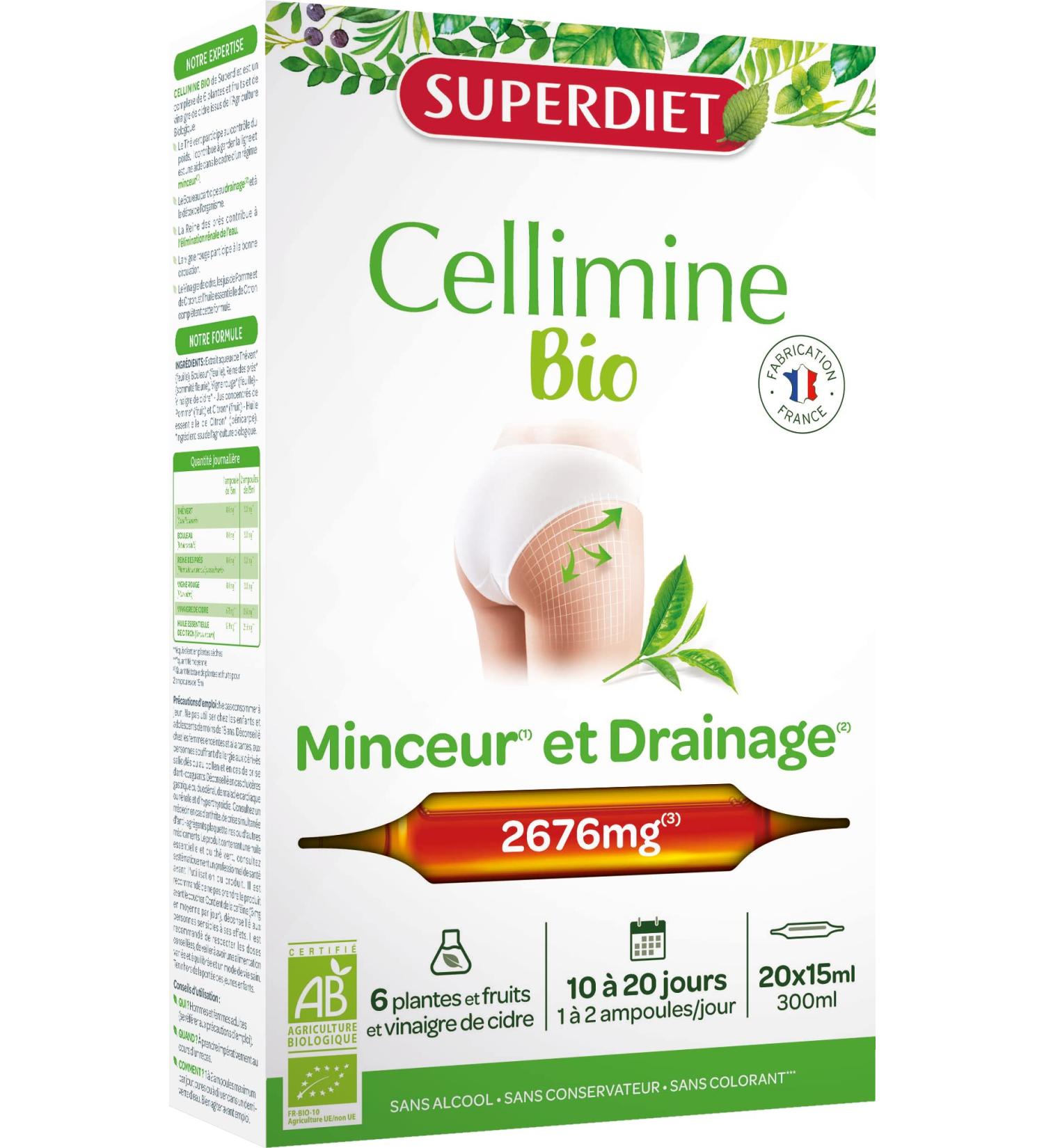 SUPERDIET CELLIMINE ORGANIC Slimming and Drainage Herbal Medicine Made in France 20 ampoules of 15 ml - Buy Online on GoSupps.com