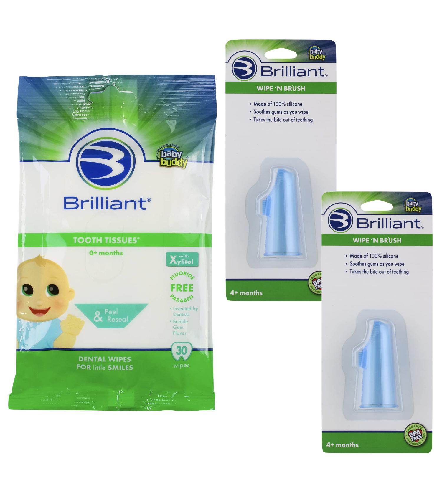 Brilliant Wipe N Brush - Silicone Toothbrushes & Xylitol Tooth Tissues for Infants | Oral Care for 4-16 Months - Baby Registry Must-Haves - Buy Online on GoSupps.com