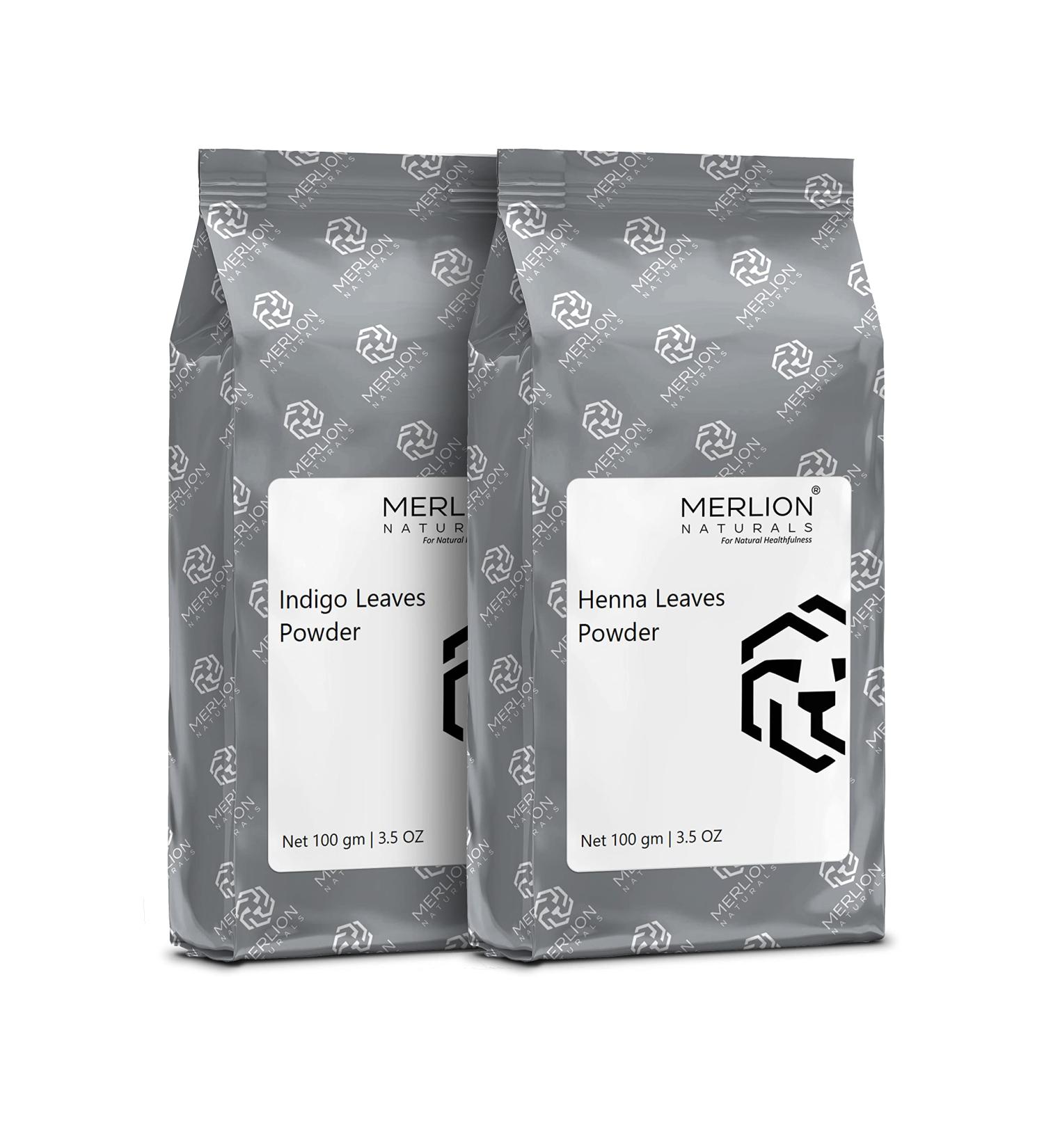 Henna & Indigo Powder by Merlion Naturals | Lawsonia inermis/Indigofera tinctoria | 100% Natural | (200gm (2 x 100gm Each)) - Buy Online on GoSupps.com