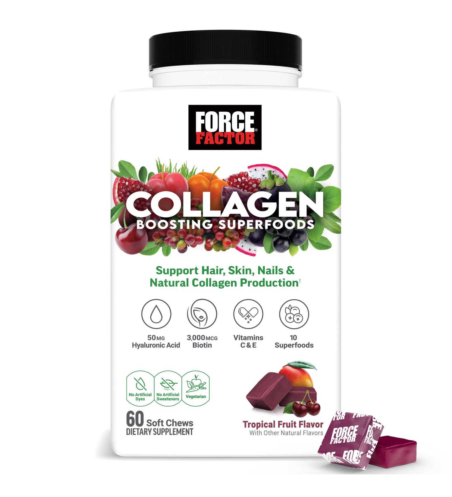 Force Factor Collagen Boosting Superfoods Vegan Collagen Booster for Women with Biotin Hyaluronic Acid and Vitamin C for Hair Skin Nails & Joint Support Tropical Fruit 60 Soft Chews 1 Pack Soft Chews - Buy Online on GoSupps.com