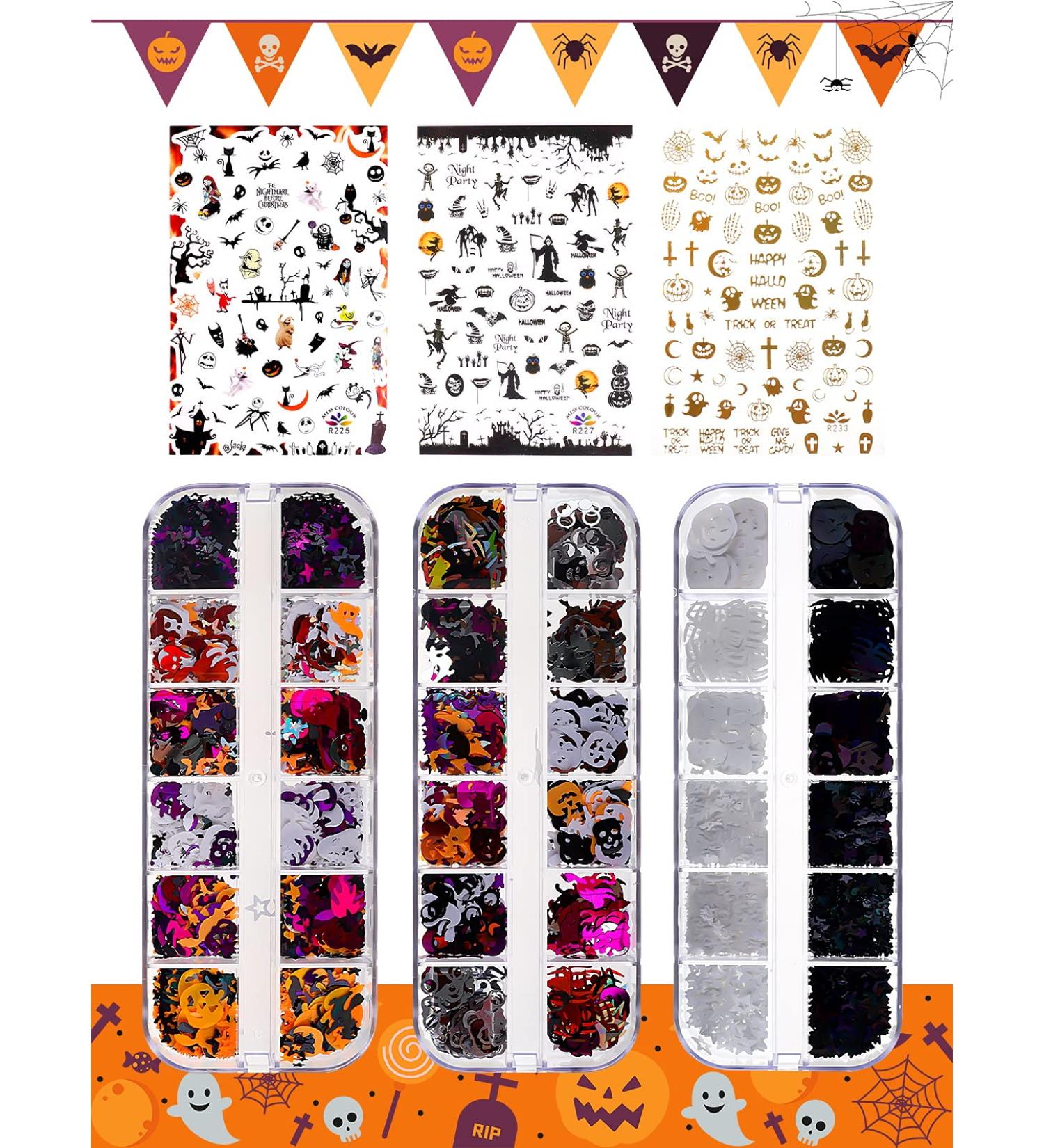 Halloween Nail Art Glitter Stickers Decoration Kit - 3 Boxes Holographic Sequins & Acrylic Decals for DIY Halloween Nails - Buy Online on GoSupps.com