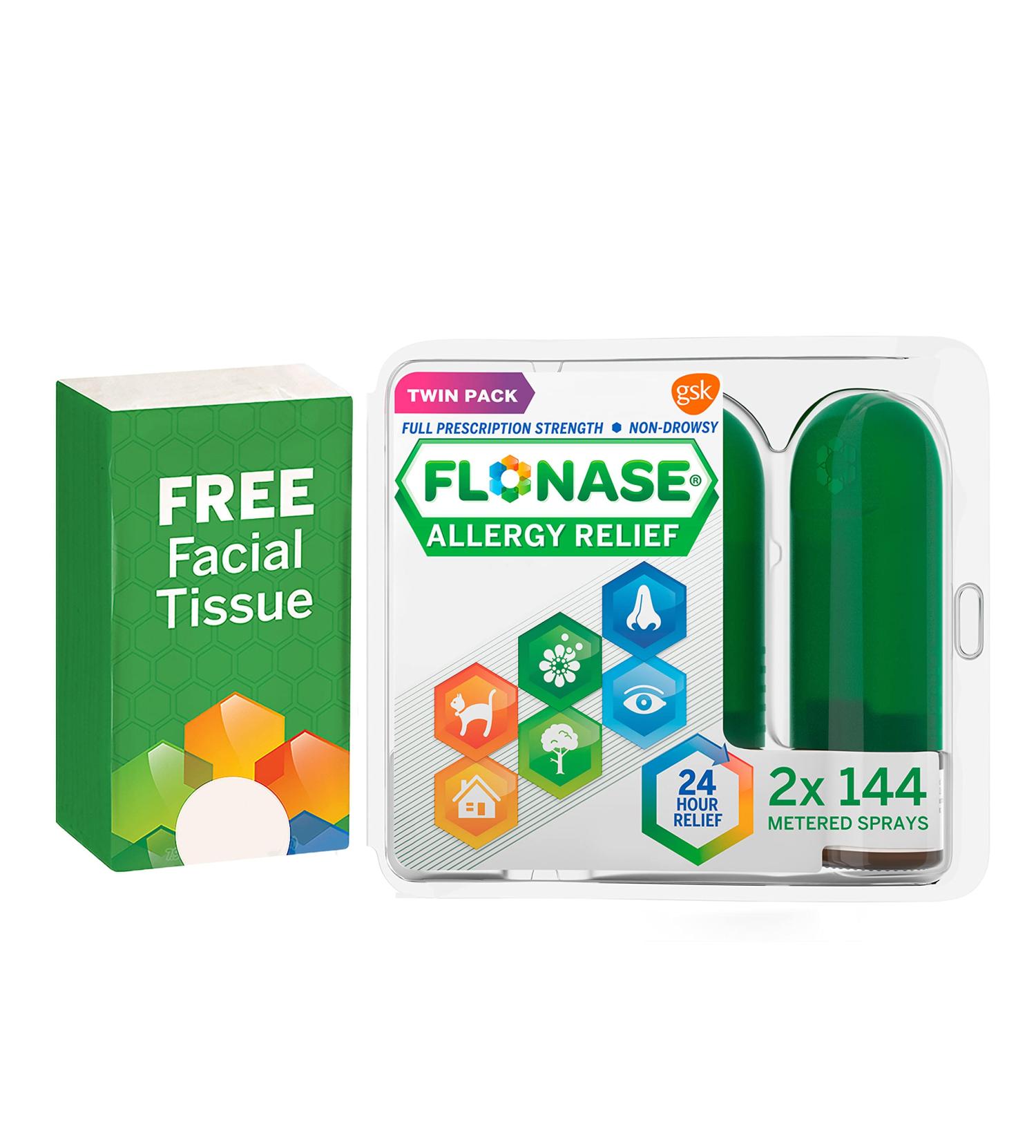 Flonase Allergy Relief Nasal Spray 24 Hour Non-Drowsy Medicine - 144 Sprays (Pack of 2) with Bonus Tissues - 0.62 Fl Oz (Pack of 2) - Buy Online on GoSupps.com