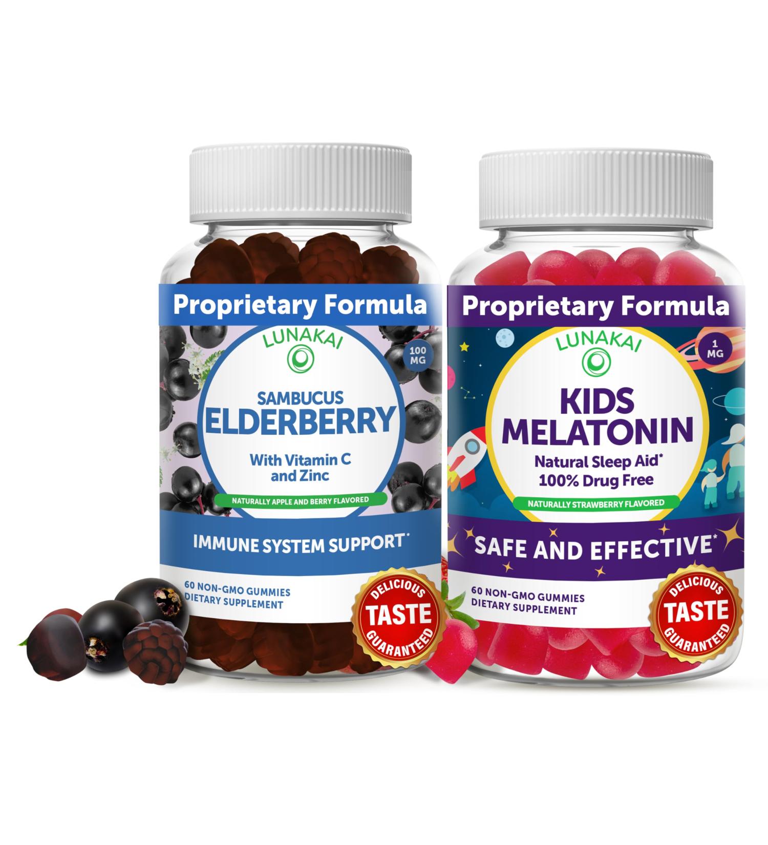 Lunakai Adult Elderberry and Kids Melatonin Gummies Bundle - Immune Support with Zinc and Vitamin C for Adults & Children - Non-GMO Vegan Gluten Free Natural Sleep Gummy - Buy Online on GoSupps.com