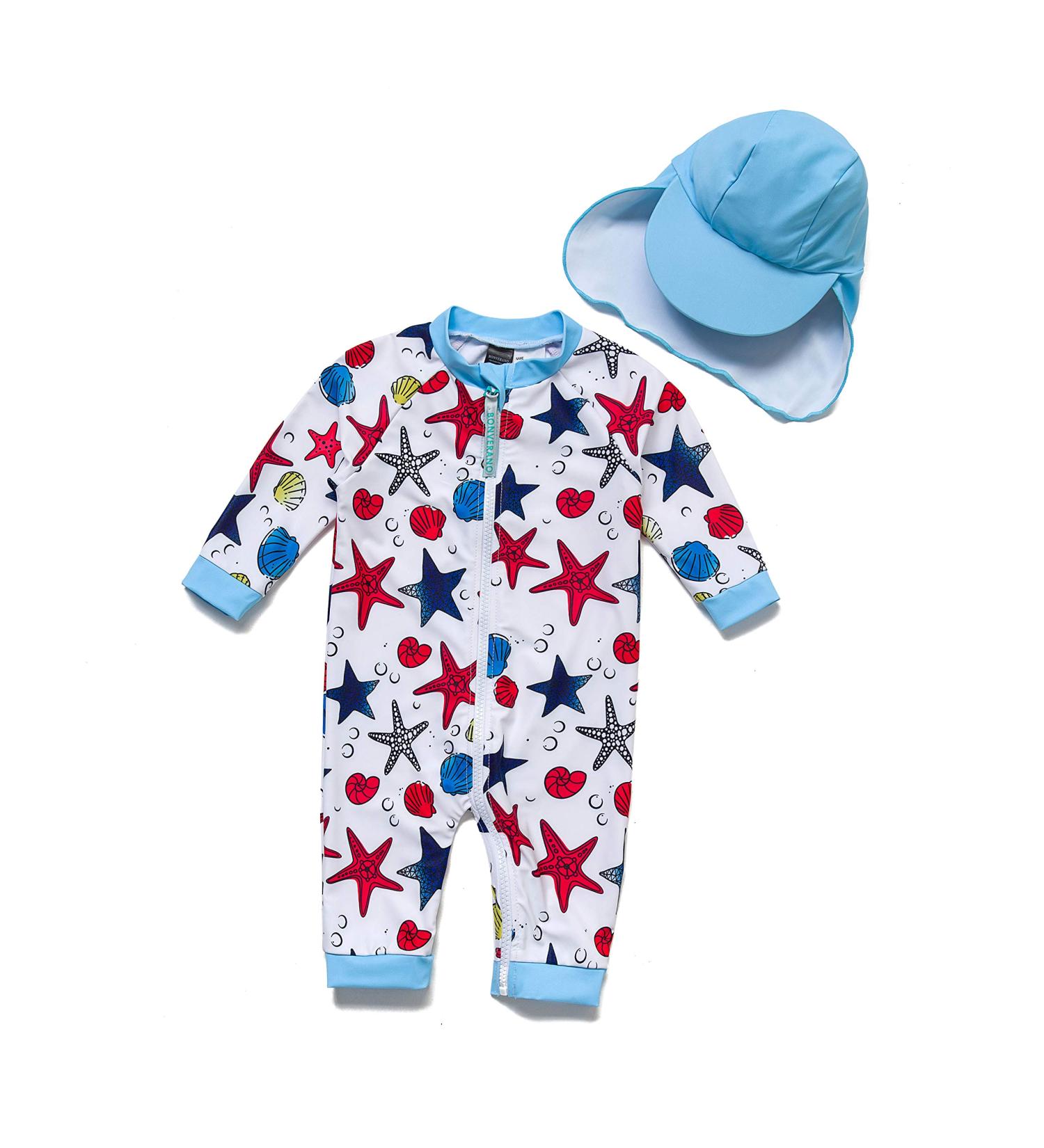 Bonverano Baby Boys Swimsuit - UPF 50+ Sun Protection, Full-Length Zipper, 12 Months - Starfish Design - Buy Online on GoSupps.com
