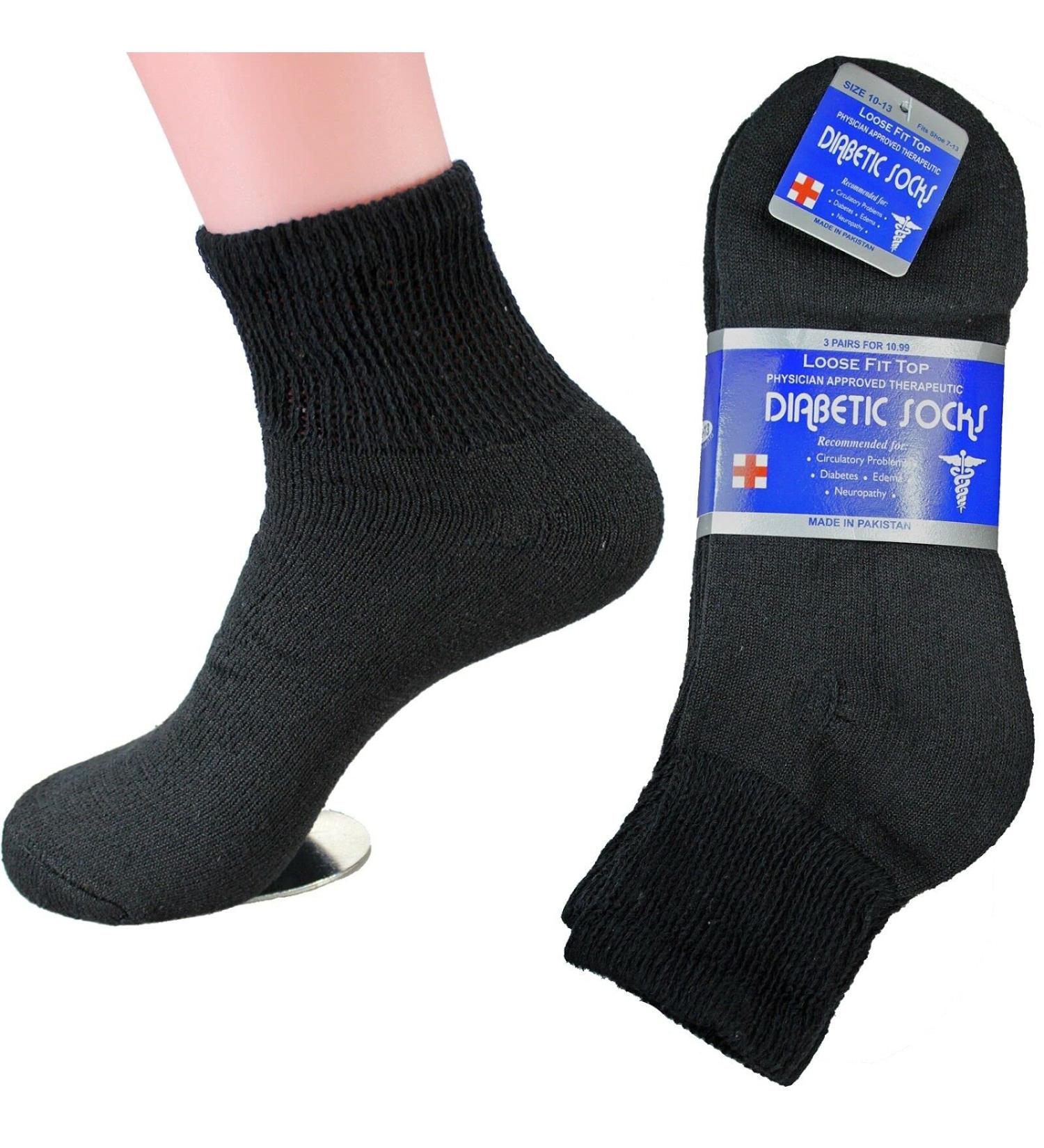 3 Pairs Diabetic Ankle Quarter Crew Socks Health Cotton Adult Circulatory Size 13-15 Black