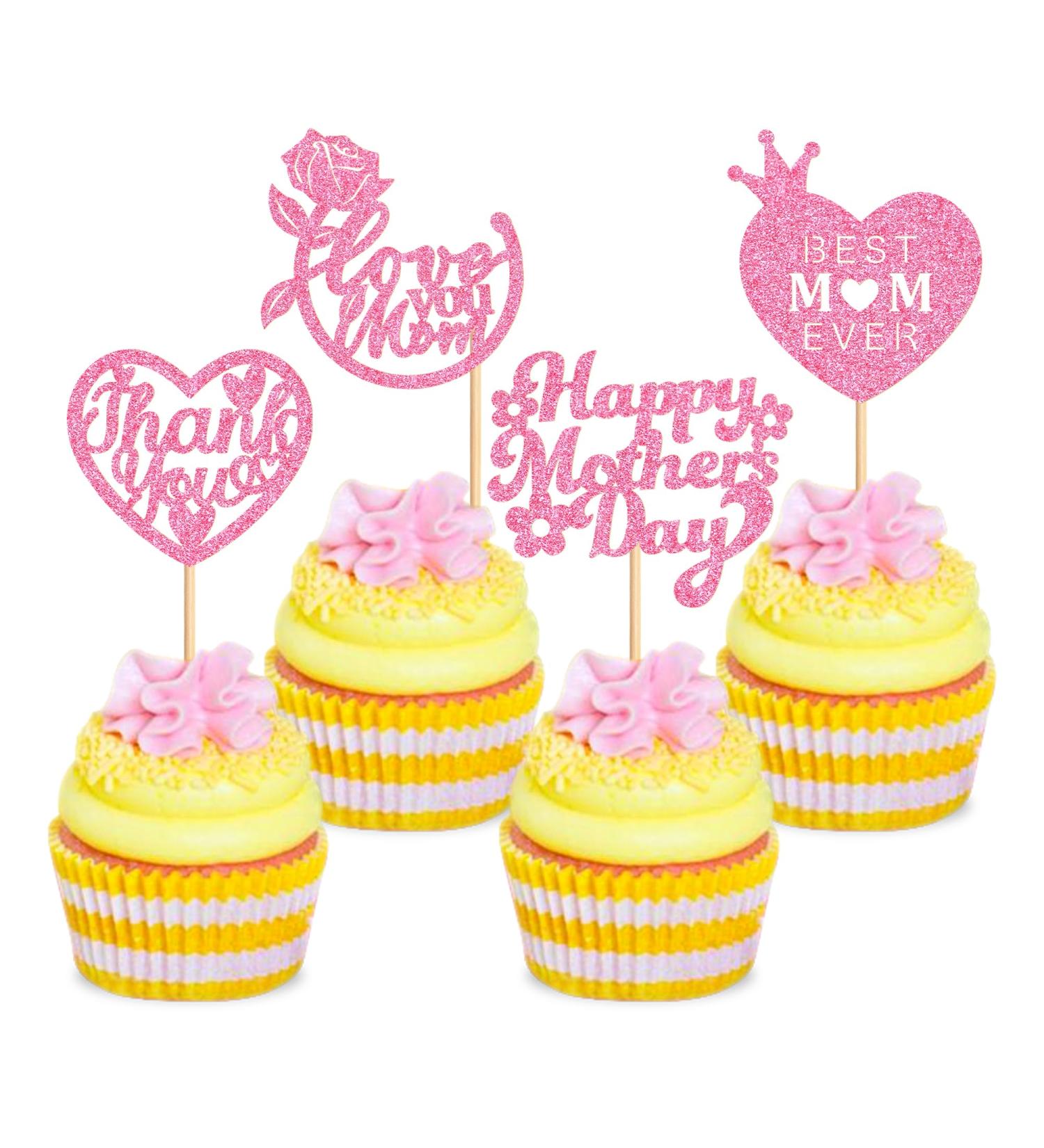 Cyodoos 24 Pcs Happy Mothers Day Cupcake Toppers Glitter Cake Toppers Cupcake Heart Mother Happy Birthday Party Supplies Decorations Pink - Buy Online on GoSupps.com