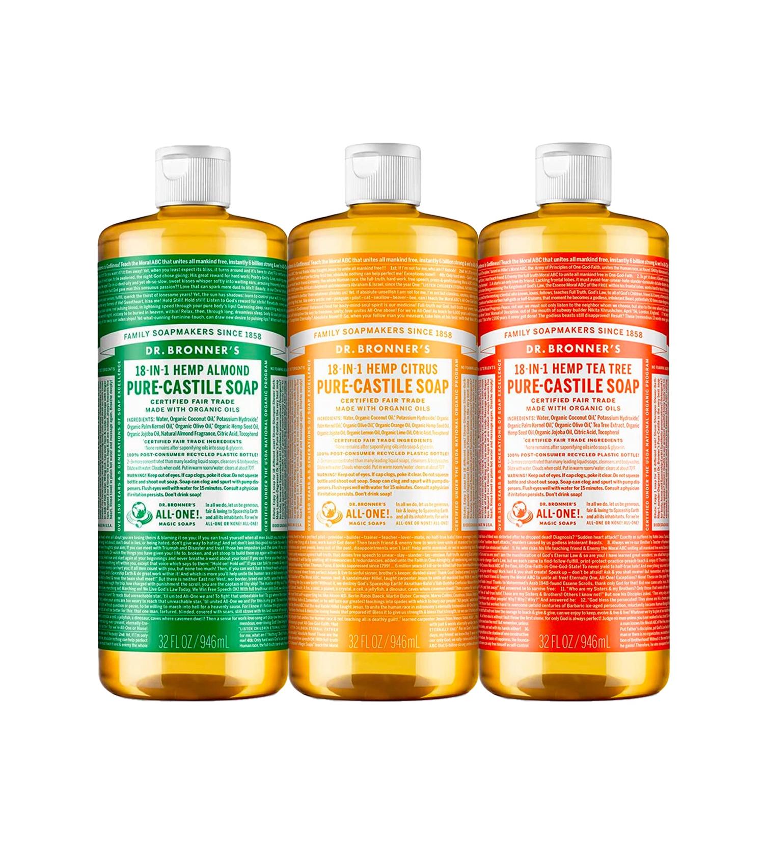 Dr. Bronner's Pure-Castile Liquid Soap Variety Pack - Almond Citrus & Tea Tree - 32 oz | Organic Oils, 18-in-1 Uses for Face, Body, Hair, Laundry, Pets, Dishes - 3 Count - Buy Online on GoSupps.com