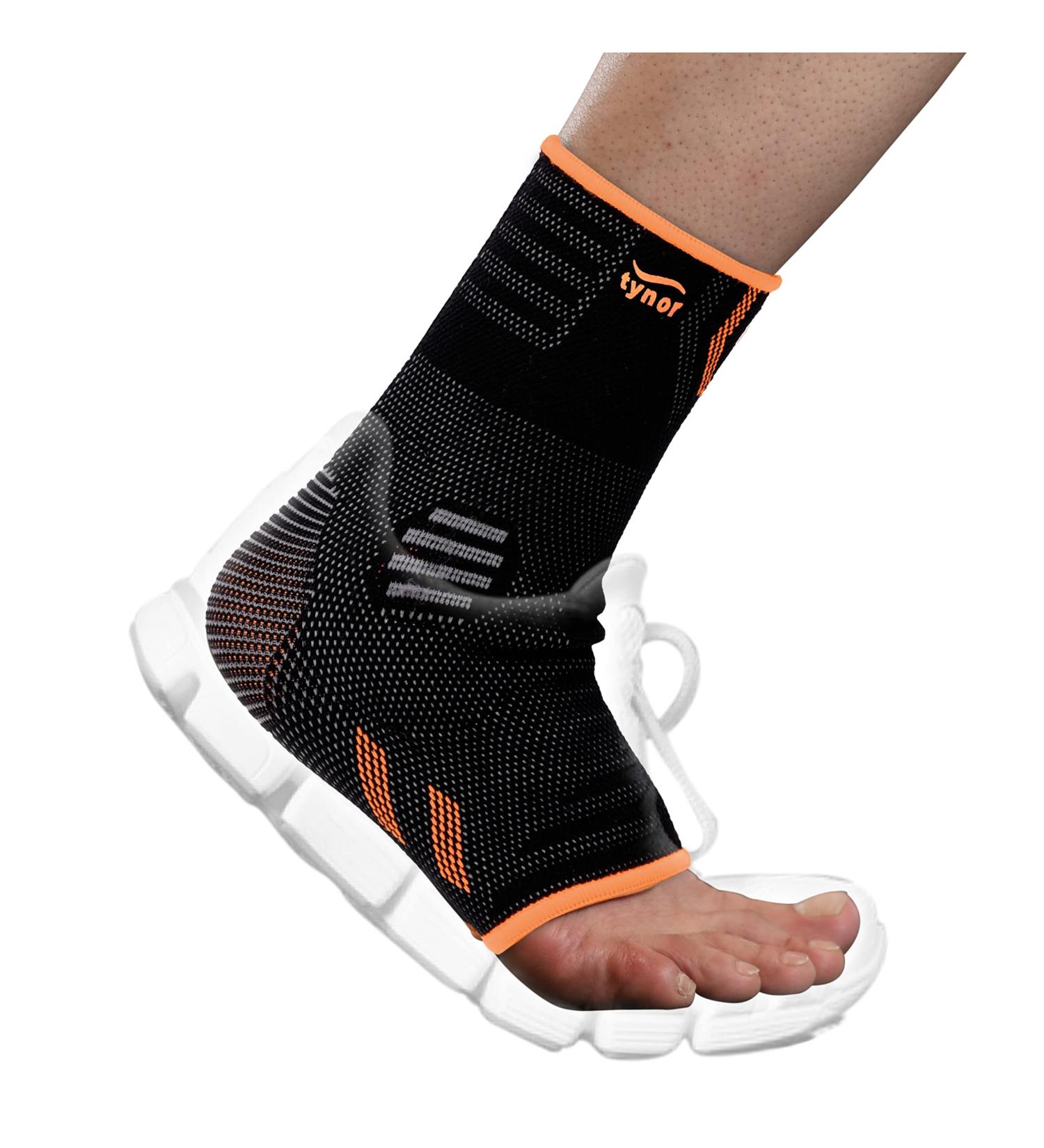 TYNOR Foot & Ankle Brace - Adjustable Neoprene Compression Sleeve for Sprains Tendonitis & Arthritis | Breathable Ankle Support for Sports - Medium Black & Orange - Buy Online on GoSupps.com