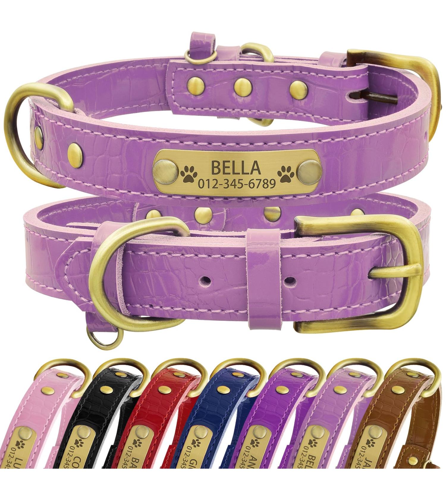 Senristar Personalized Leather Dog Collar - Stylish Engraved Name Tag for Small Medium & Large Dogs (Light Violet L) - Buy Online on GoSupps.com