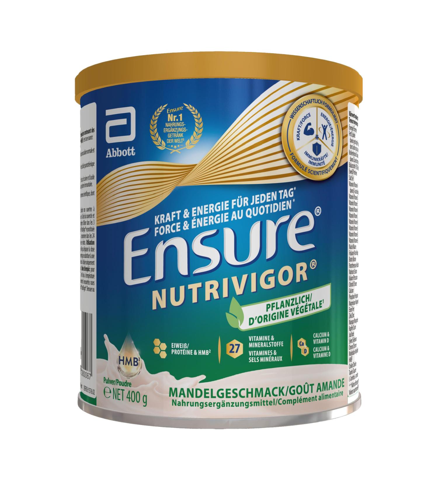 Ensure NutriVigor d'origine v g tale - Compl ment alimentaire avec prot ine HMB et 27 vitamines et min raux y compris la vitamine C le magn sium et le zinc - Saveur amande - 1 x 400g amande 400 g (Lot de 1) - Buy Online on GoSupps.com