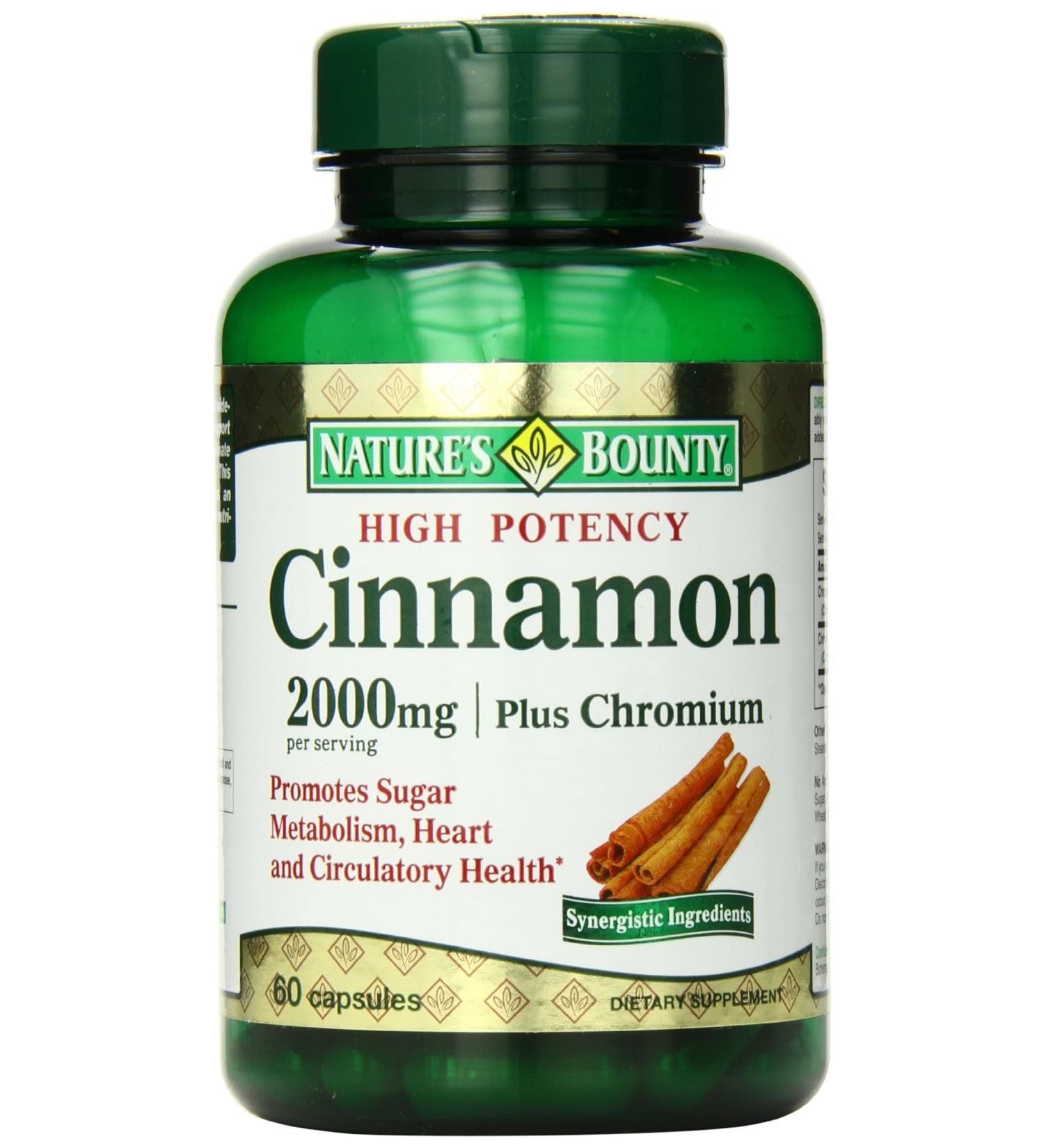 Nature's Bounty Cinnamon Pills and Chromium Herbal Health Supplement Promotes Sugar Metabolism and Heart Health 2000g 60 Capsules